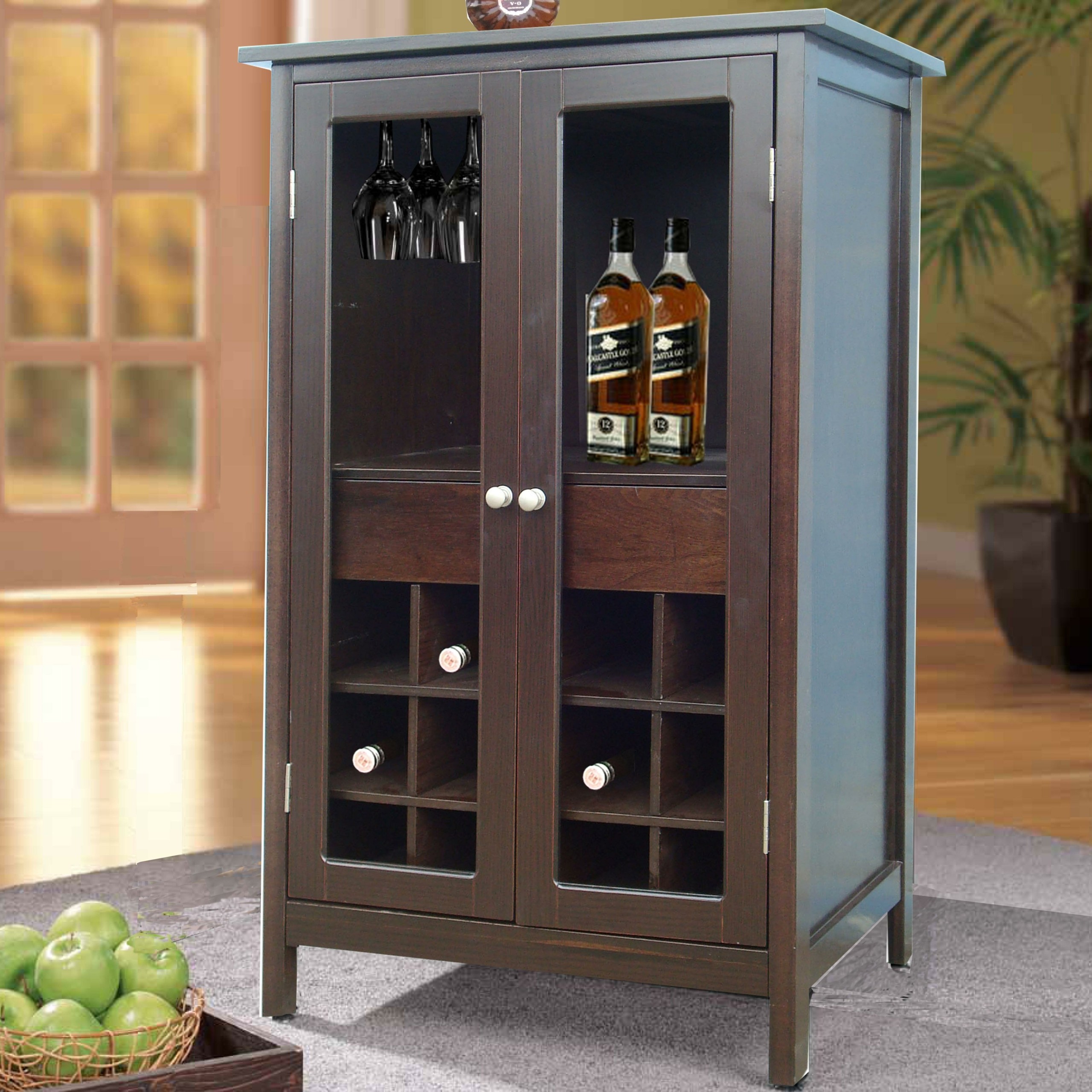 Details about   Two Tone Bleached Oak Wine Cabinet and Grey Door Storage 8 Wine Glass Rack 