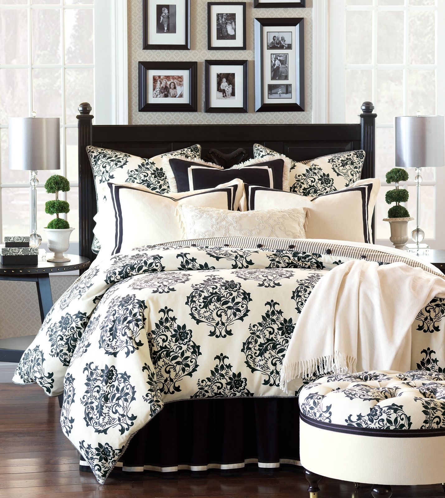 Windham Black and Charcoal Damask Quatrefoil Comforter Bedding by