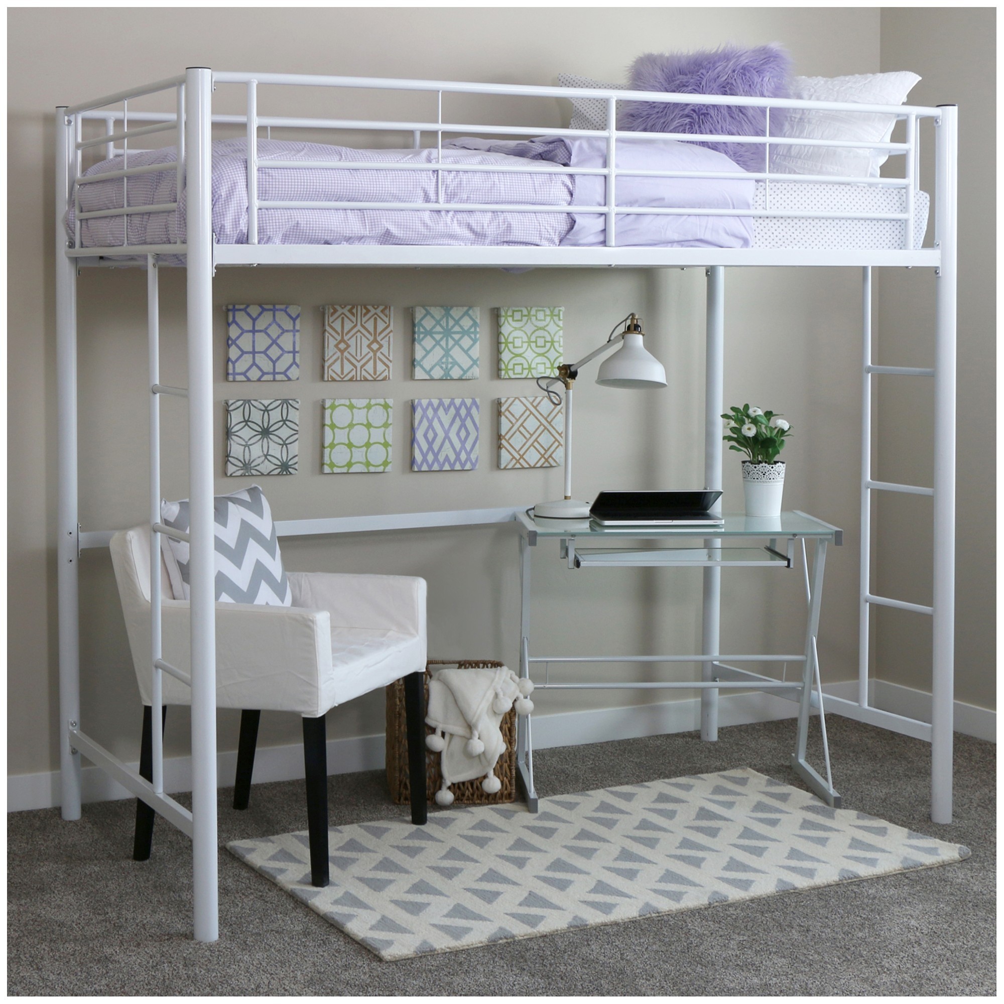 Metal Twin Loft Bed with Built-In Ladder