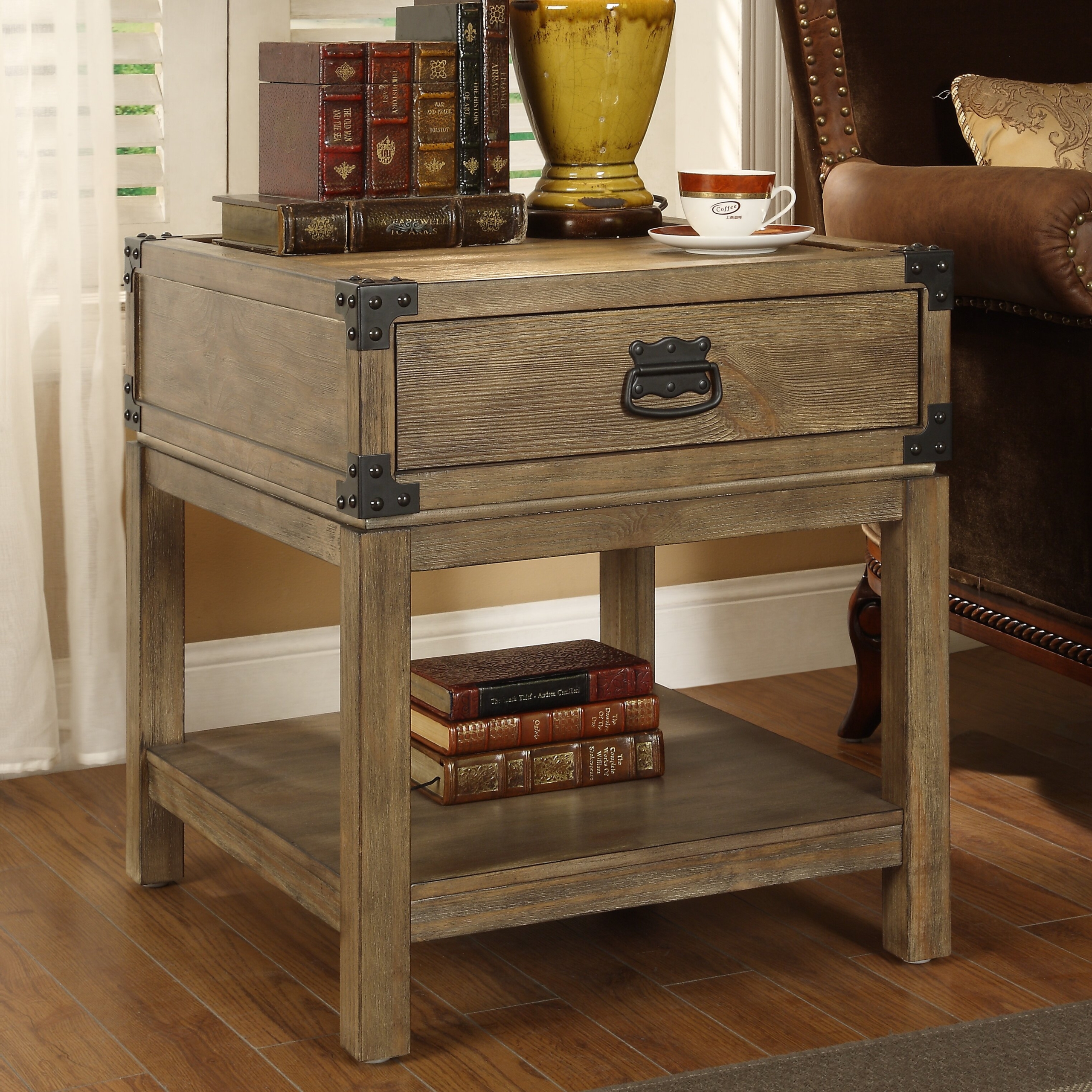 Traditional Style Navy Blue Storage Trunk Chairside Table With 2 Drawers  And Leather Trim