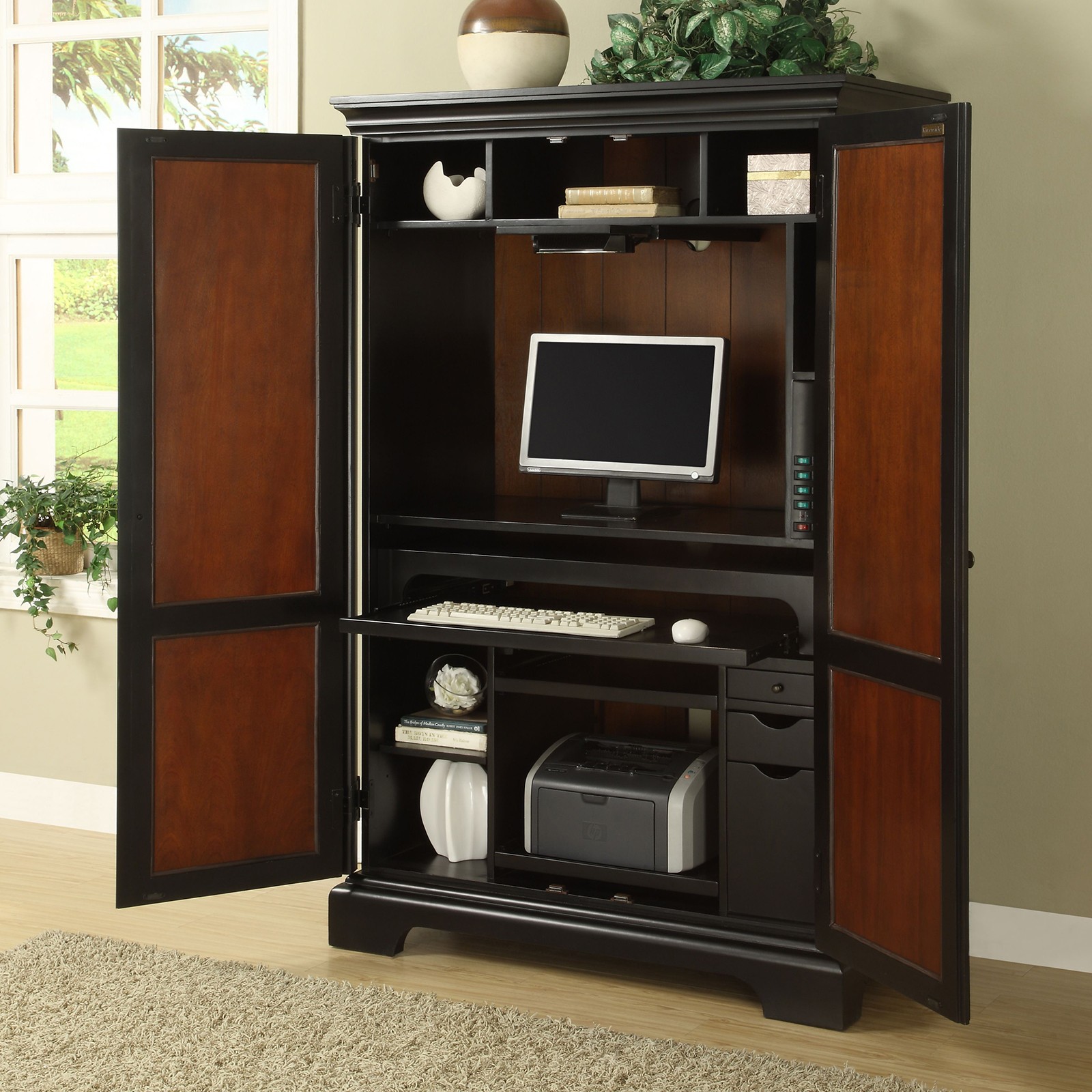 Sauder Harbor View Computer Armoire with Hidden Desk, Antiqued Paint Finish