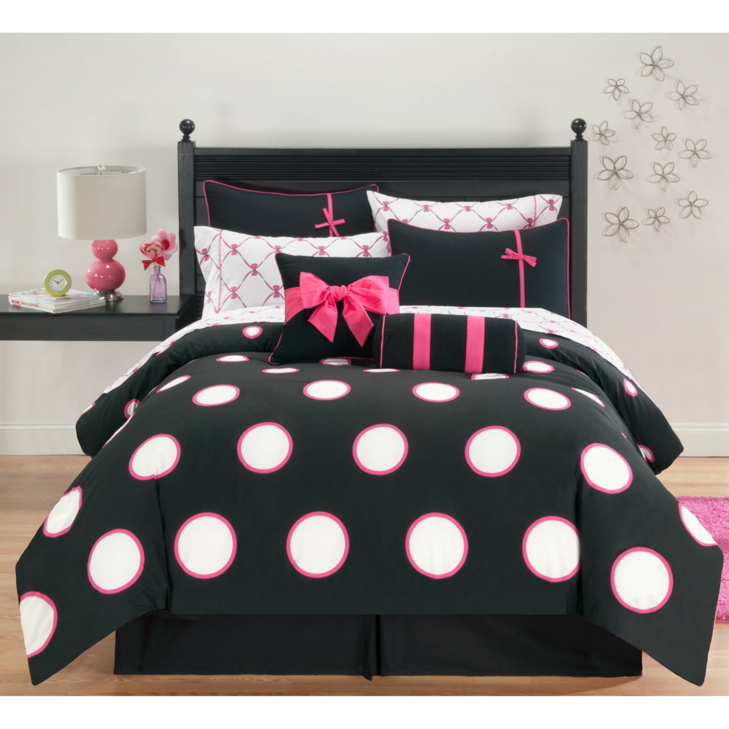 ALL SIZES Girls Pink & White Polka Dots Comforter Set AND Decorative Pillow 