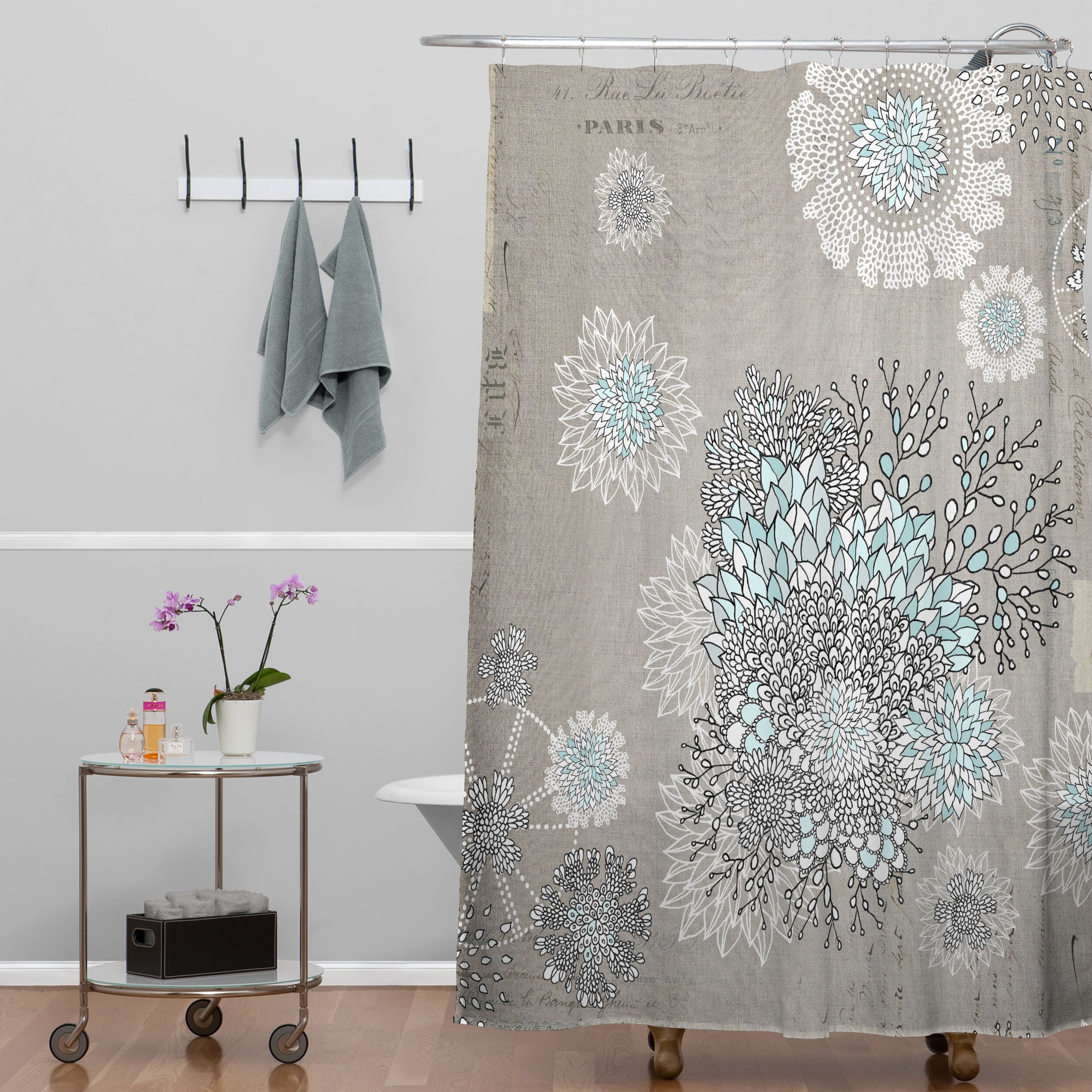 teal and tan shower curtain