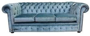 Chesterfield 3 seater boutique sky blue velvet fabric sofa settee