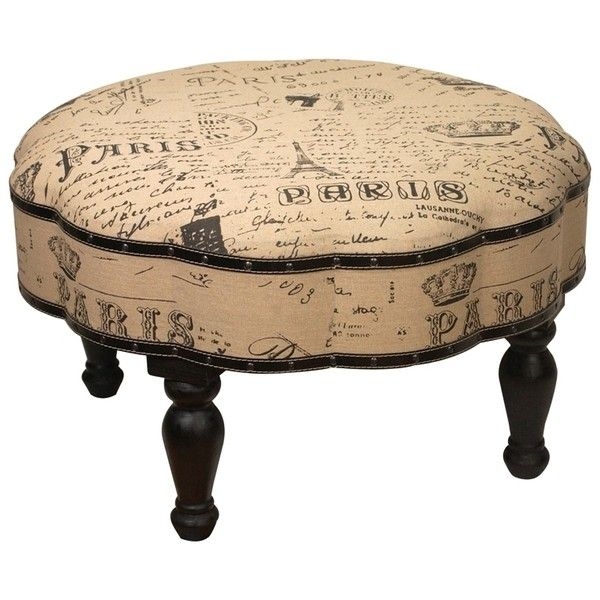 French country french script fabric paris round linen ottoman 1