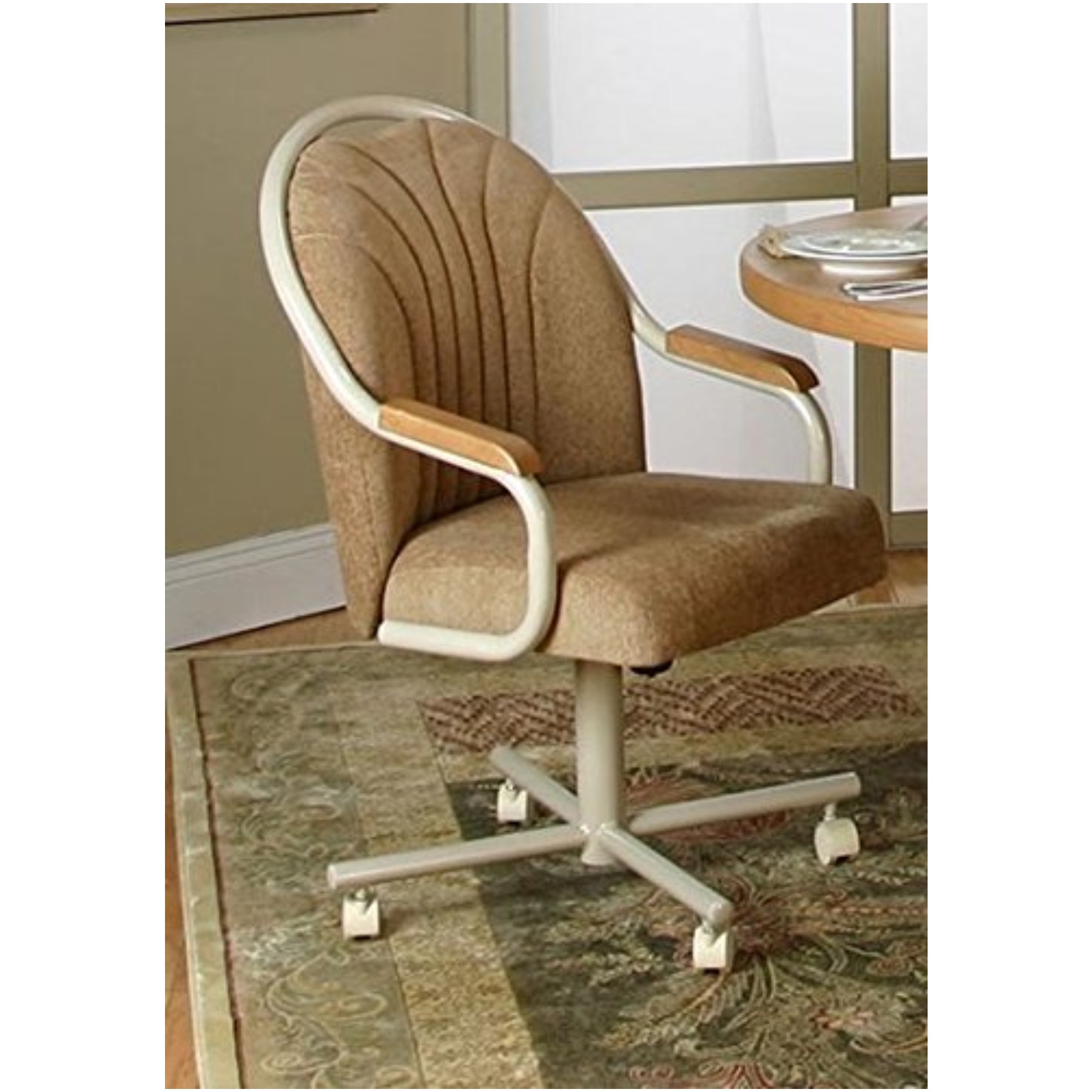 Casual Rolling Caster Dining Arm Chair With Swivel Tilt In Oak Wood 