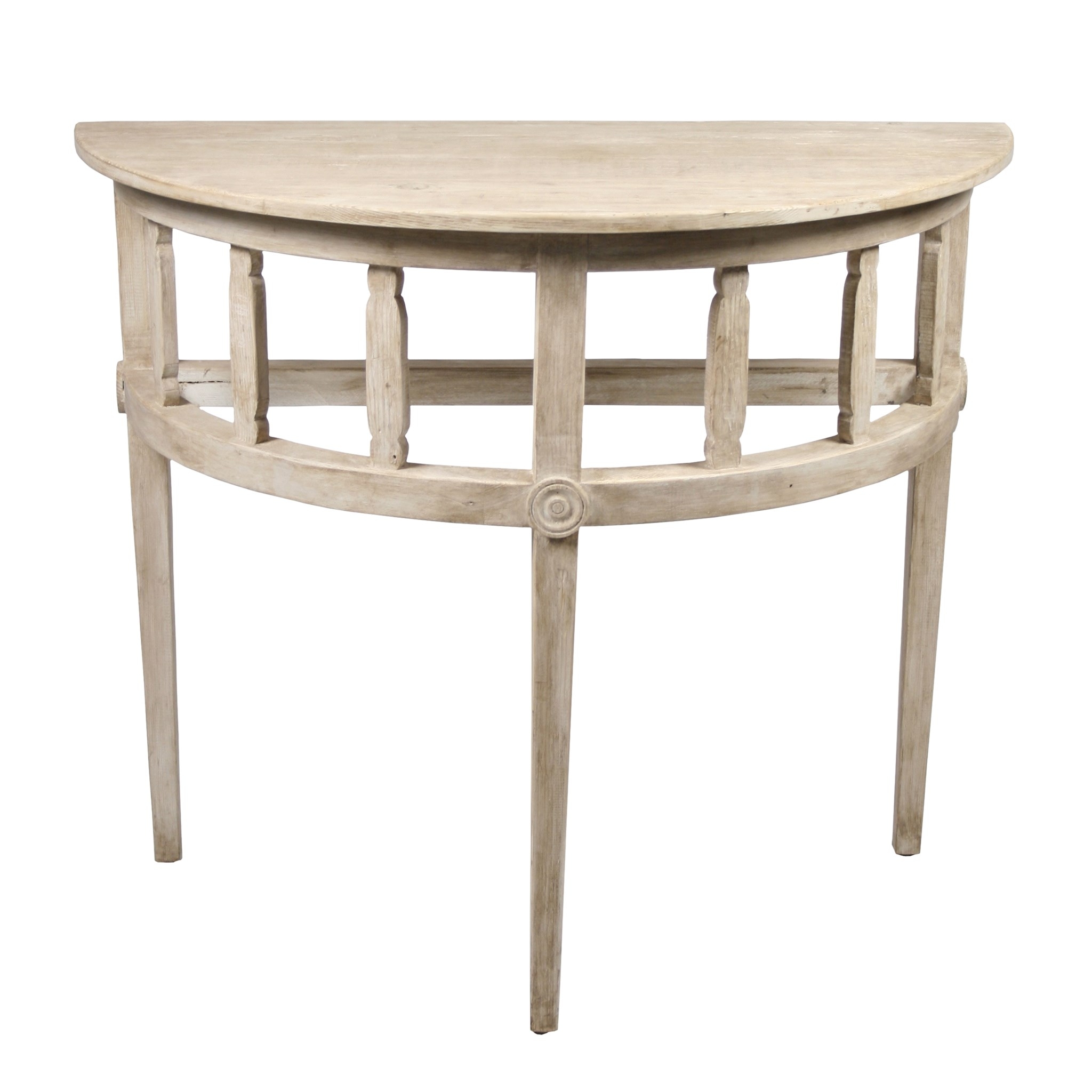 Demilune table with a gray wash wax finish tailored and
