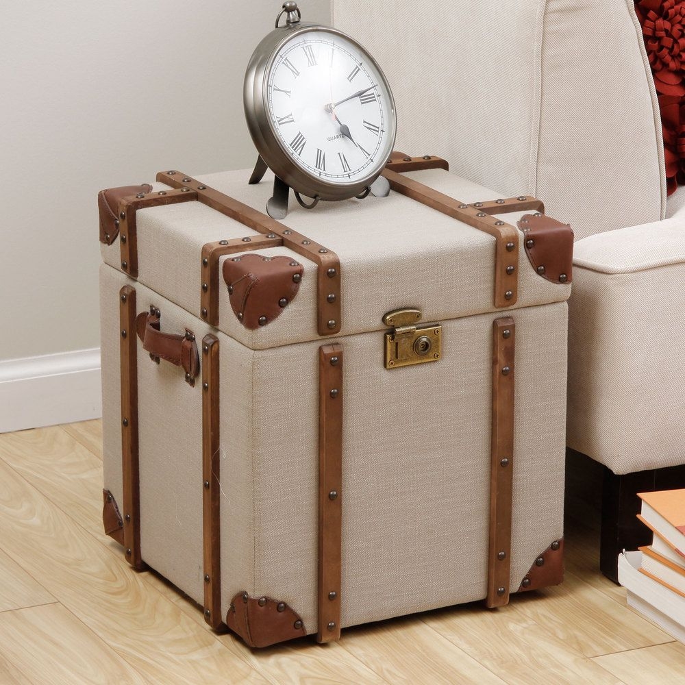 Vintage linen suitcase trunk end table coffee storage box chic