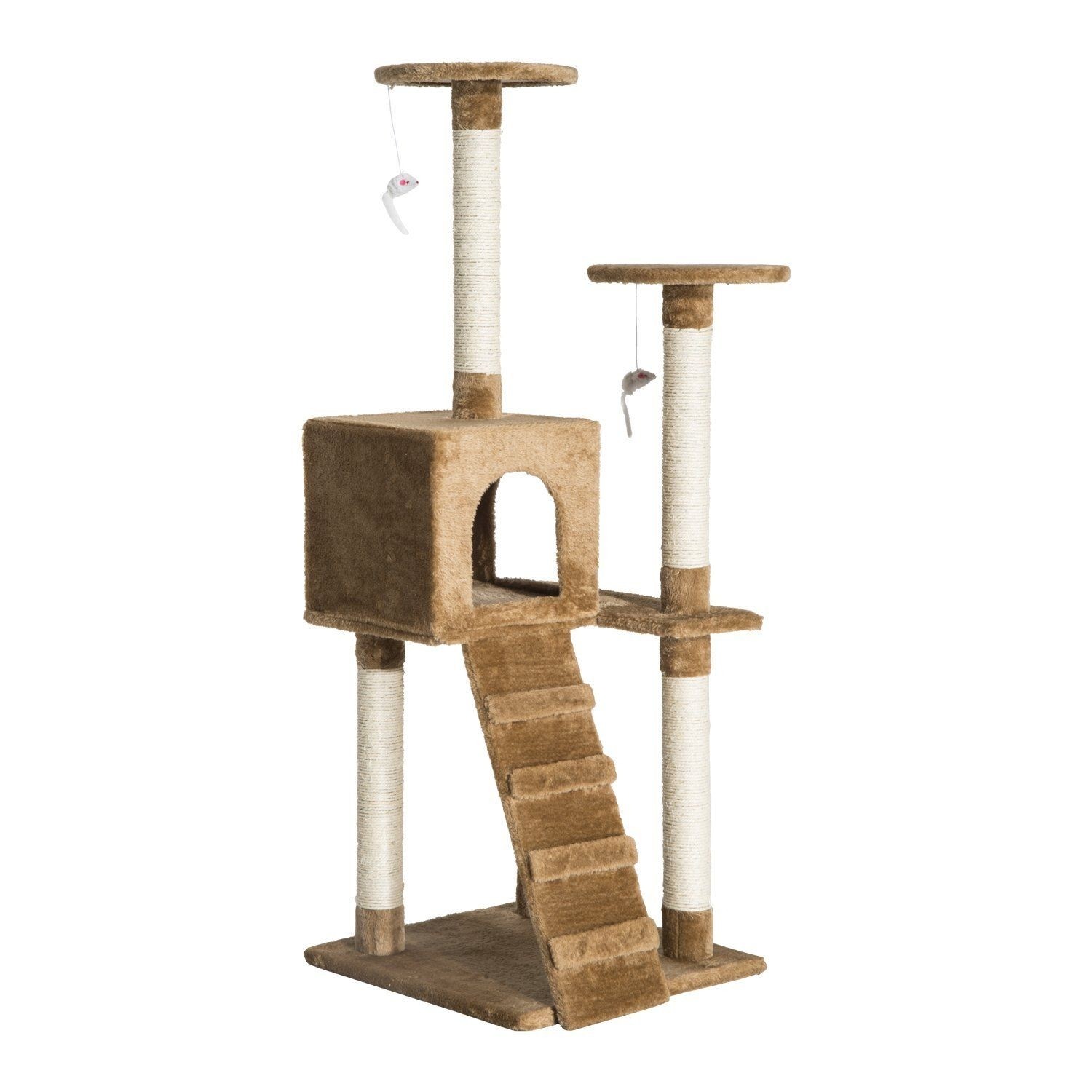 Brown and Beige Wood Cat Tree with Faux Fur