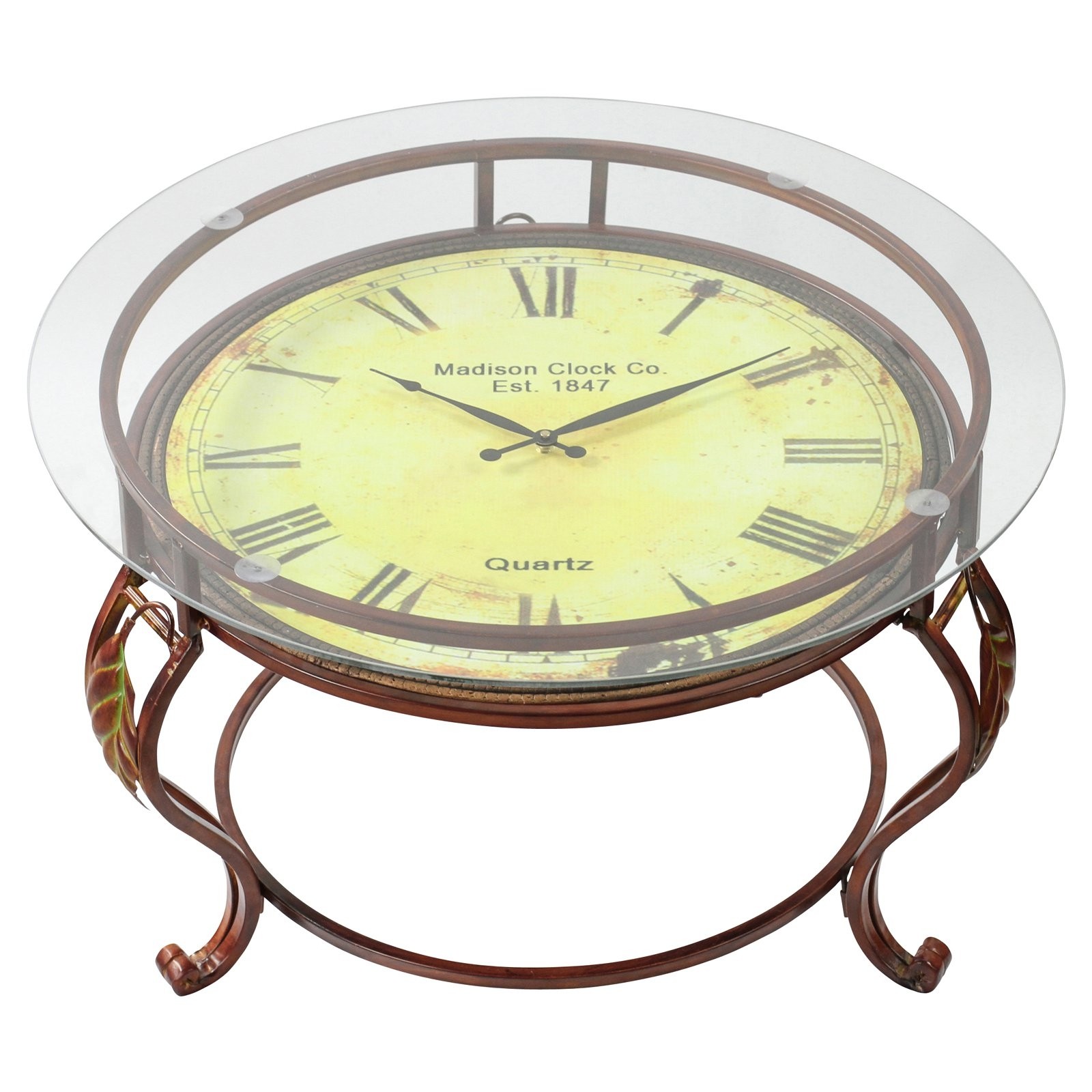 Brown Metal and Glass Coffee Table with Clock