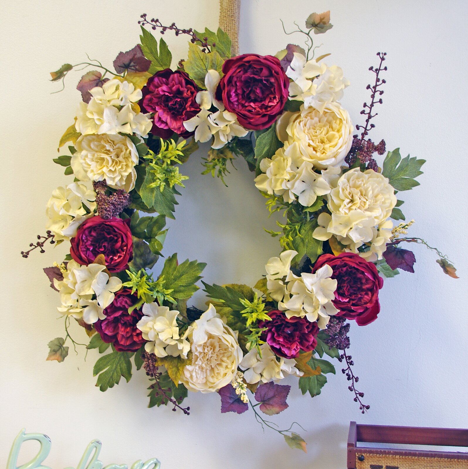 Cabbage Rose and Hydrangea Berry 22" Polyester Wreath