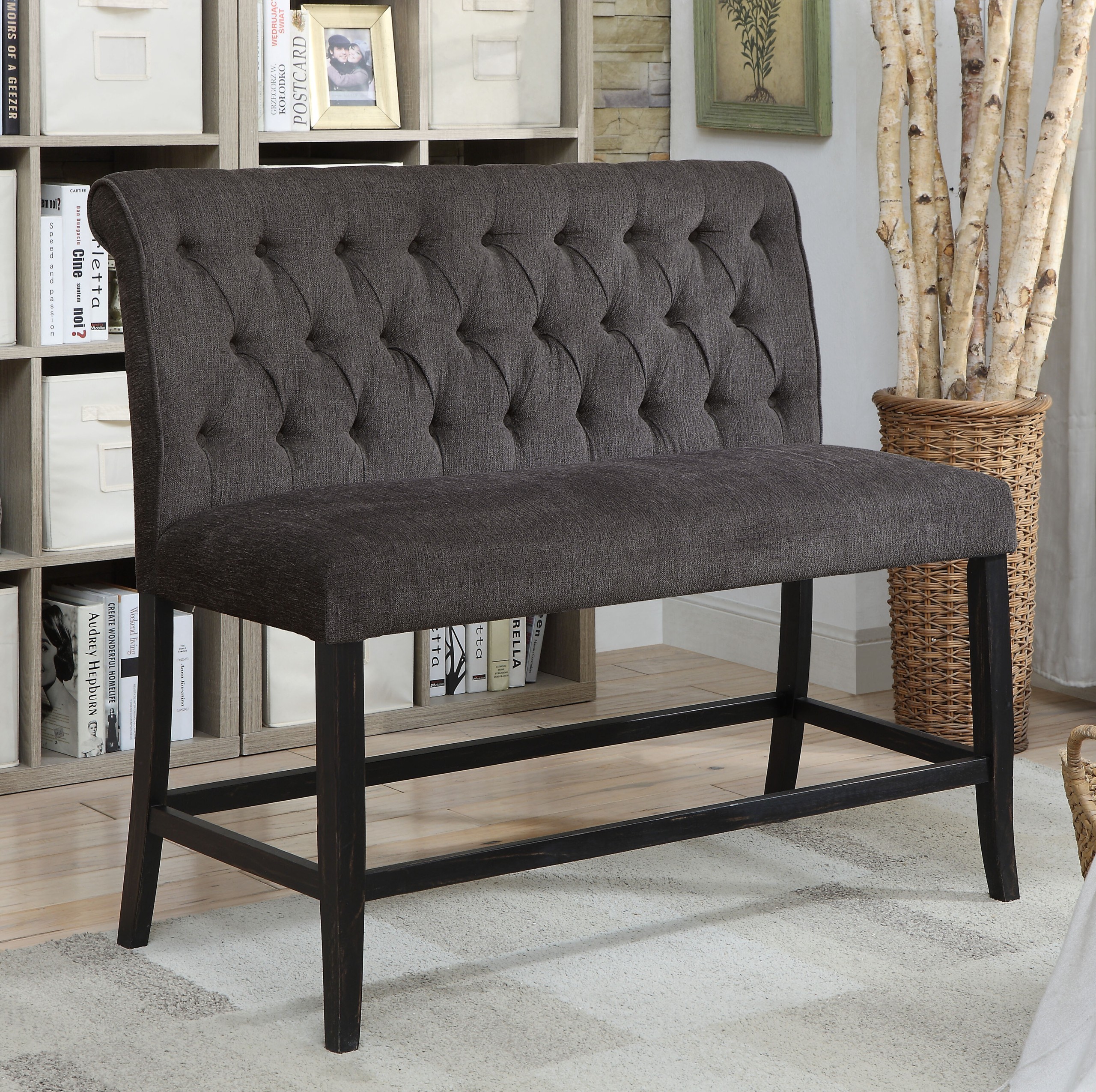 Chenille-Upholstered Transitional Counter Height Bench