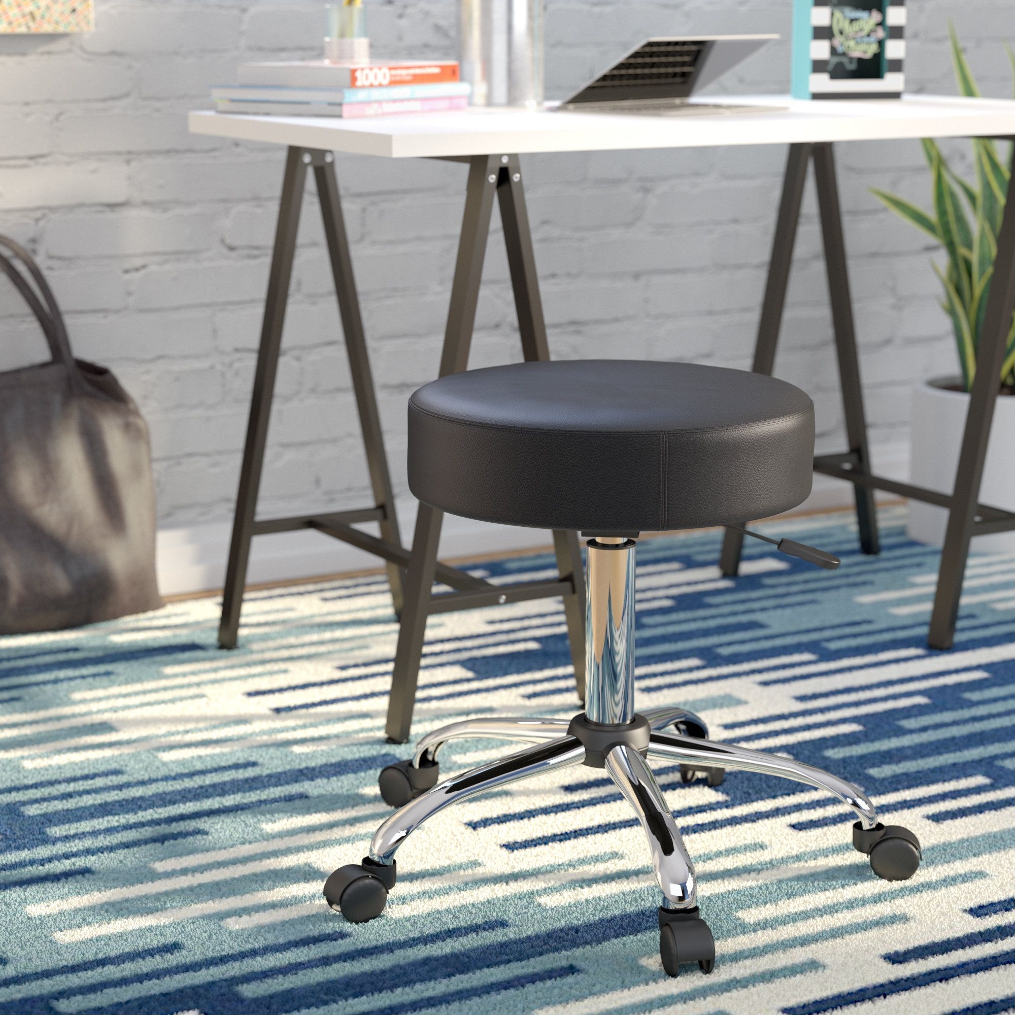 Chrome and Vinyl Adjustable Stool with Dual Wheel