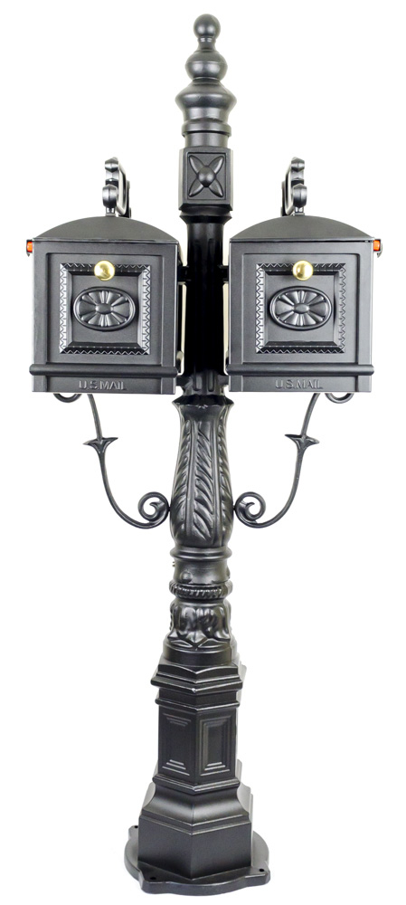 Double Mailbox with Post, Decorative Cast Aluminum Residential Post Mount Mailbox