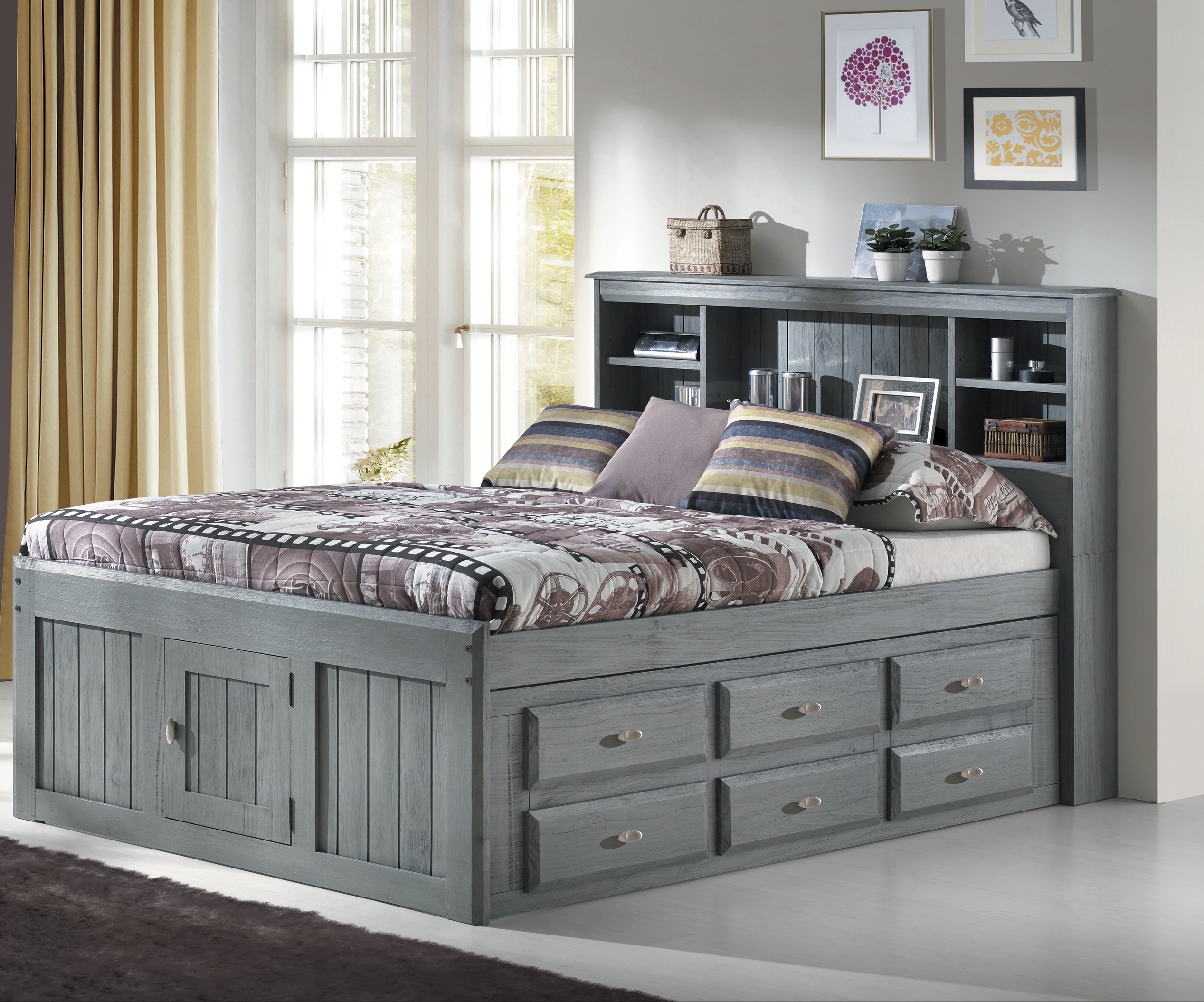 Ercole Full Mate's & Captain's Bed with 6 Drawers and Bookcase