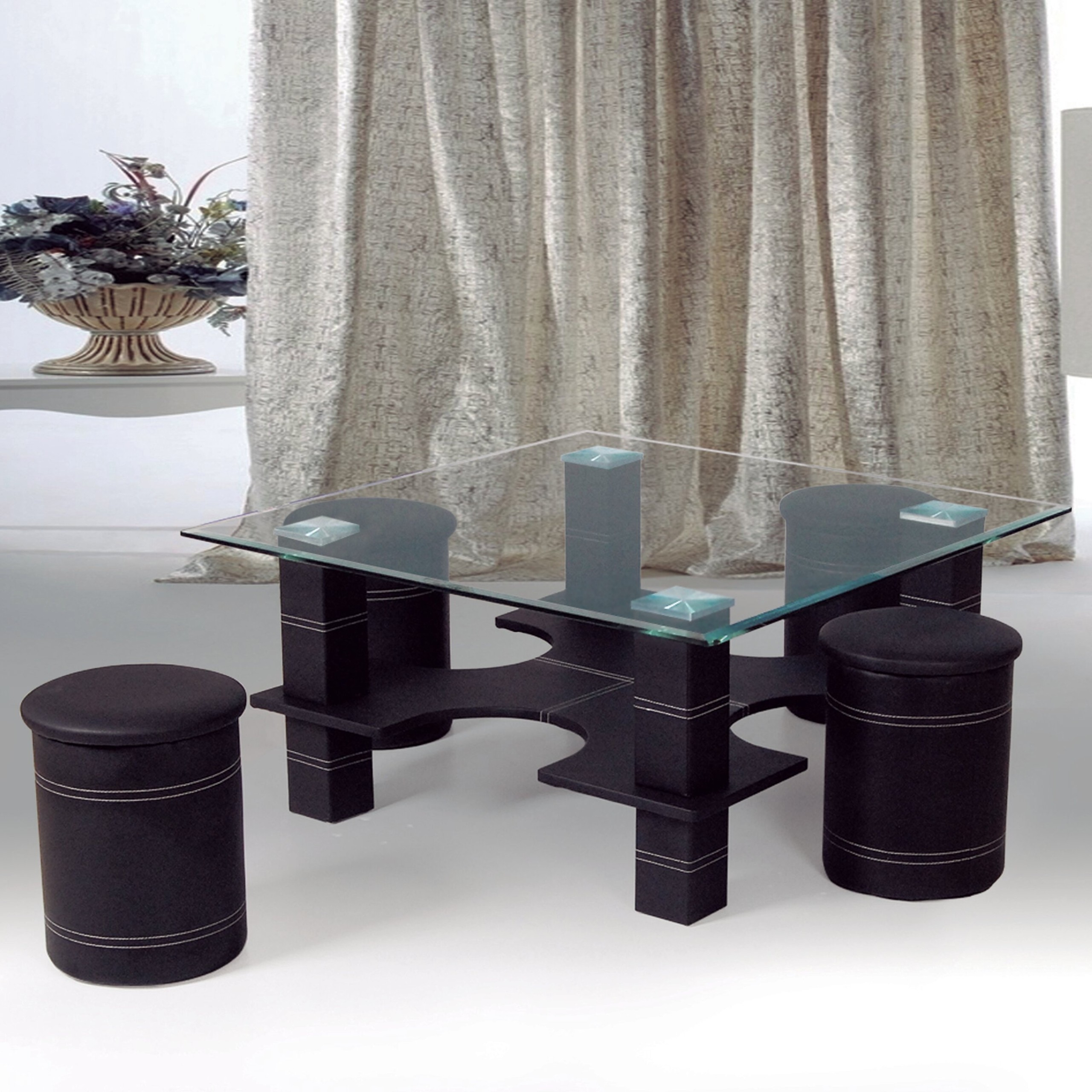 Faux Leather And Glass Coffee Table With Nested Stools