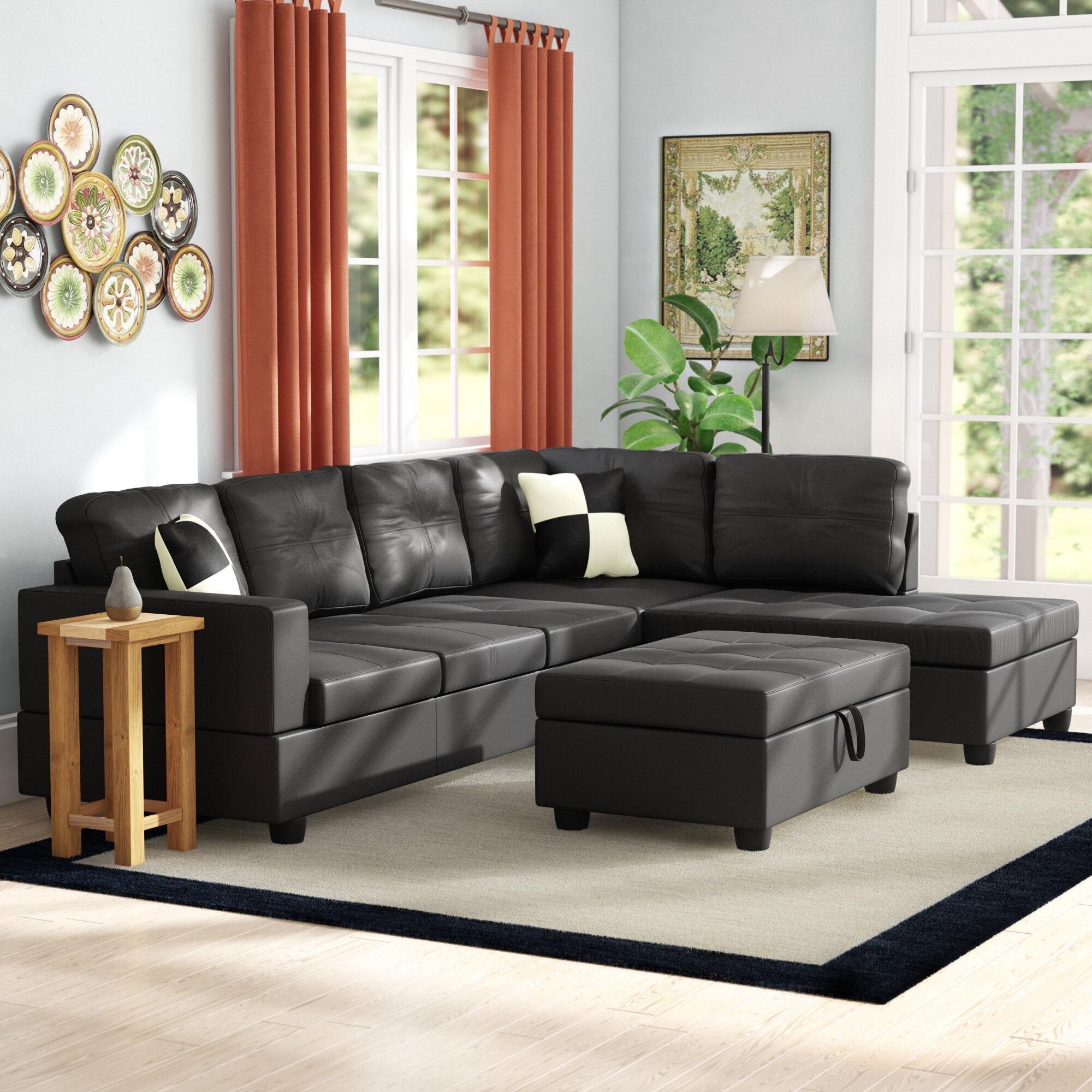 Faux Leather Manufactured Wood Right Hand Facing Stationary L Shaped Sectional With Ottoman 