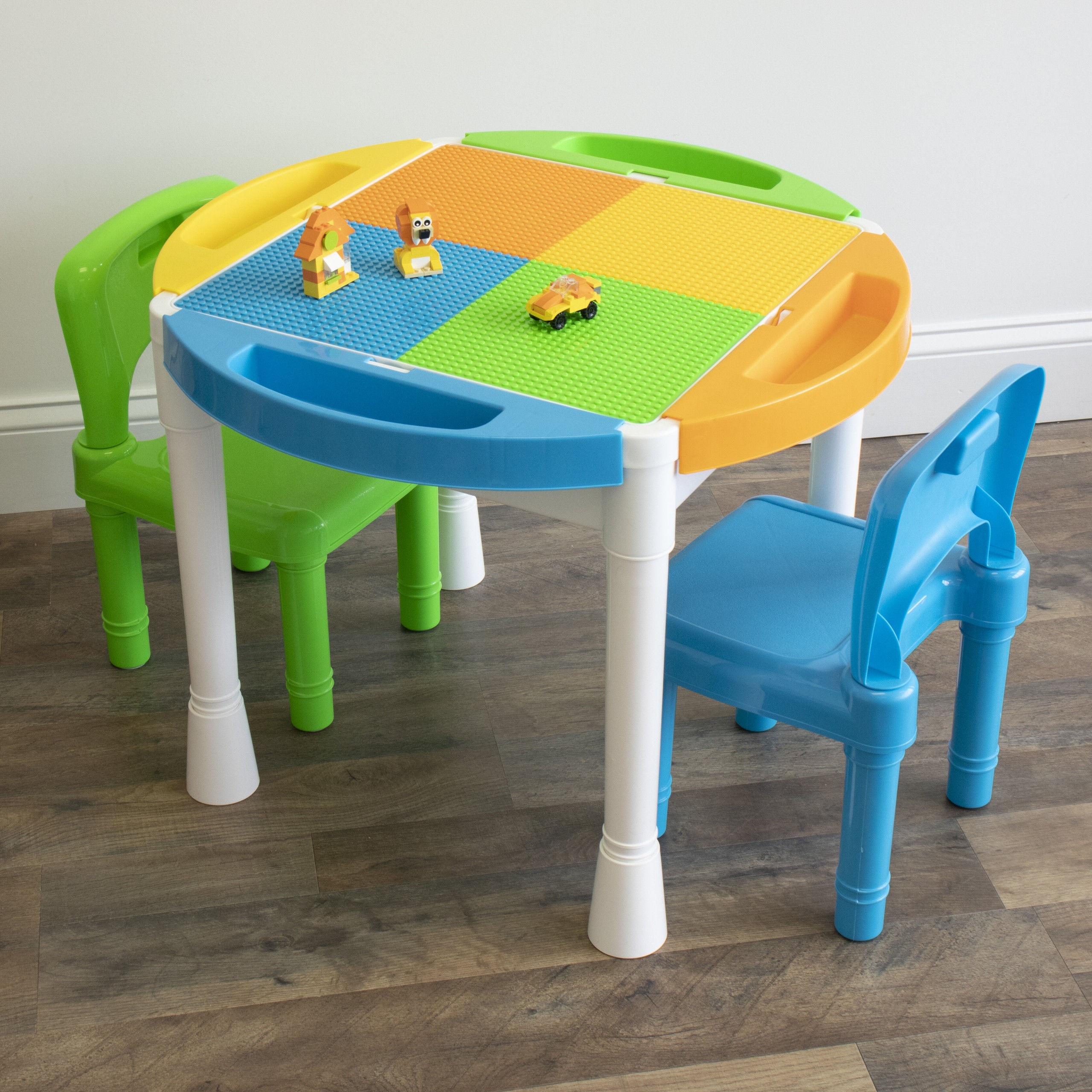 Kids 2-in-1 Plastic Building Blocks Compatible 3 Piece Circle Activity Table & 18" H Chair Set
