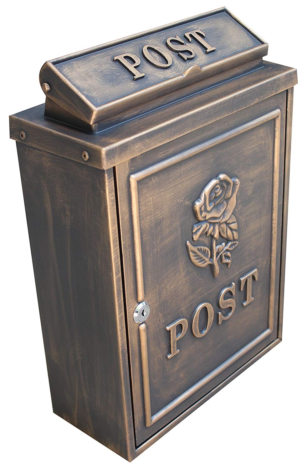 Locking Wall Mounted Mailbox - Bronze Vintage Rose Design - Locking Rustic Metal Mail Box - Residential Decorative Security Letter Box