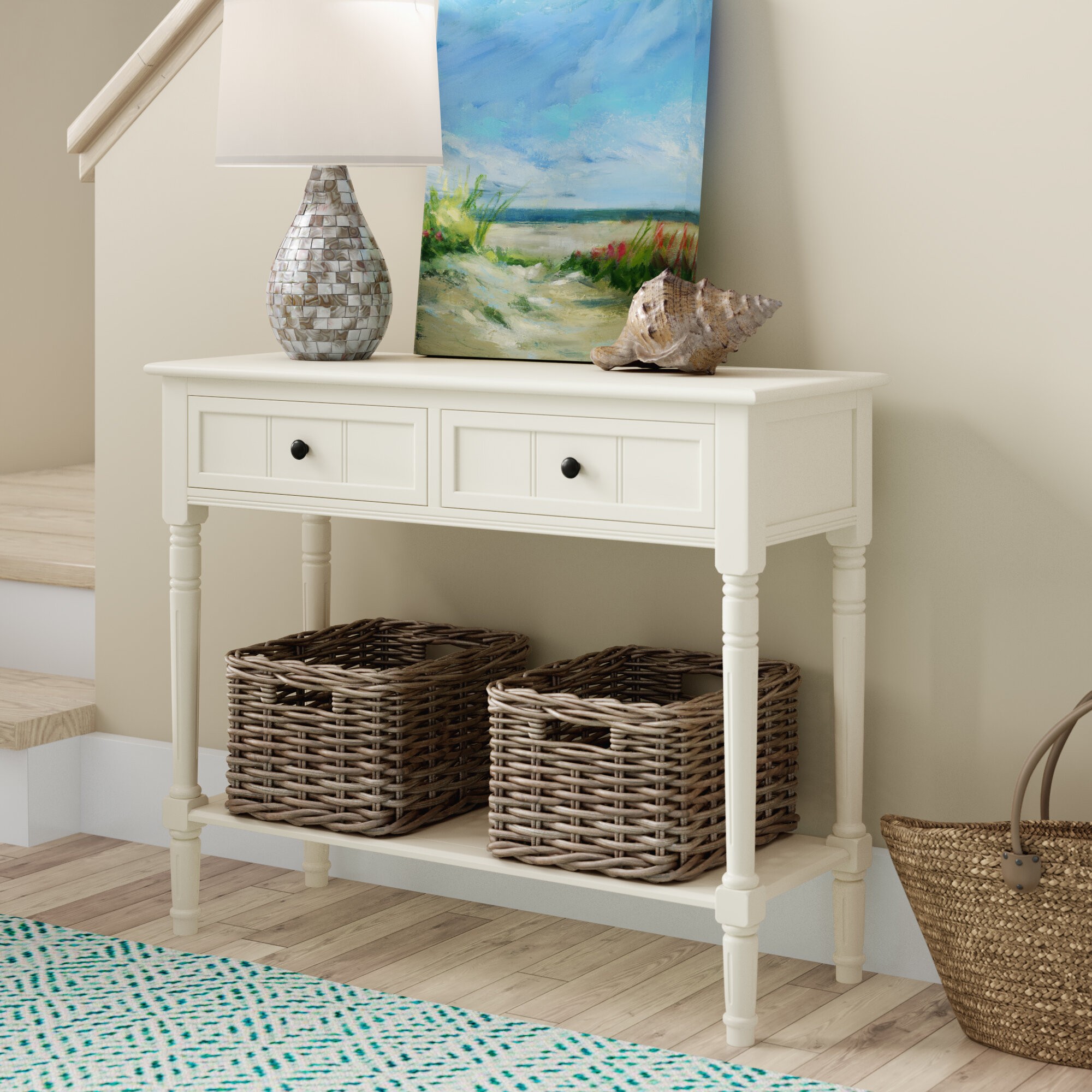 sofa table with baskets