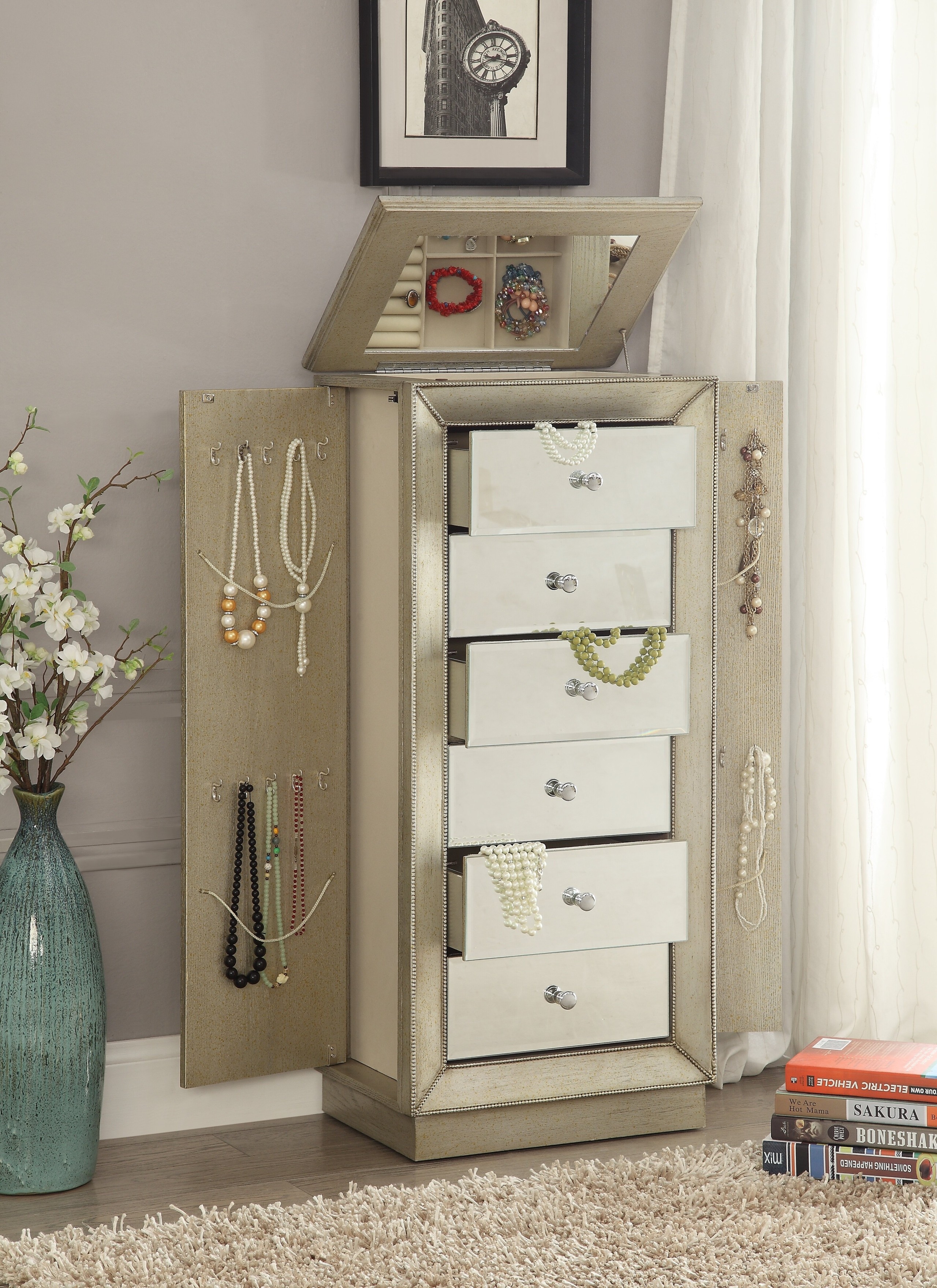 Manufactured Wood Jewelry Armoire With Mirror