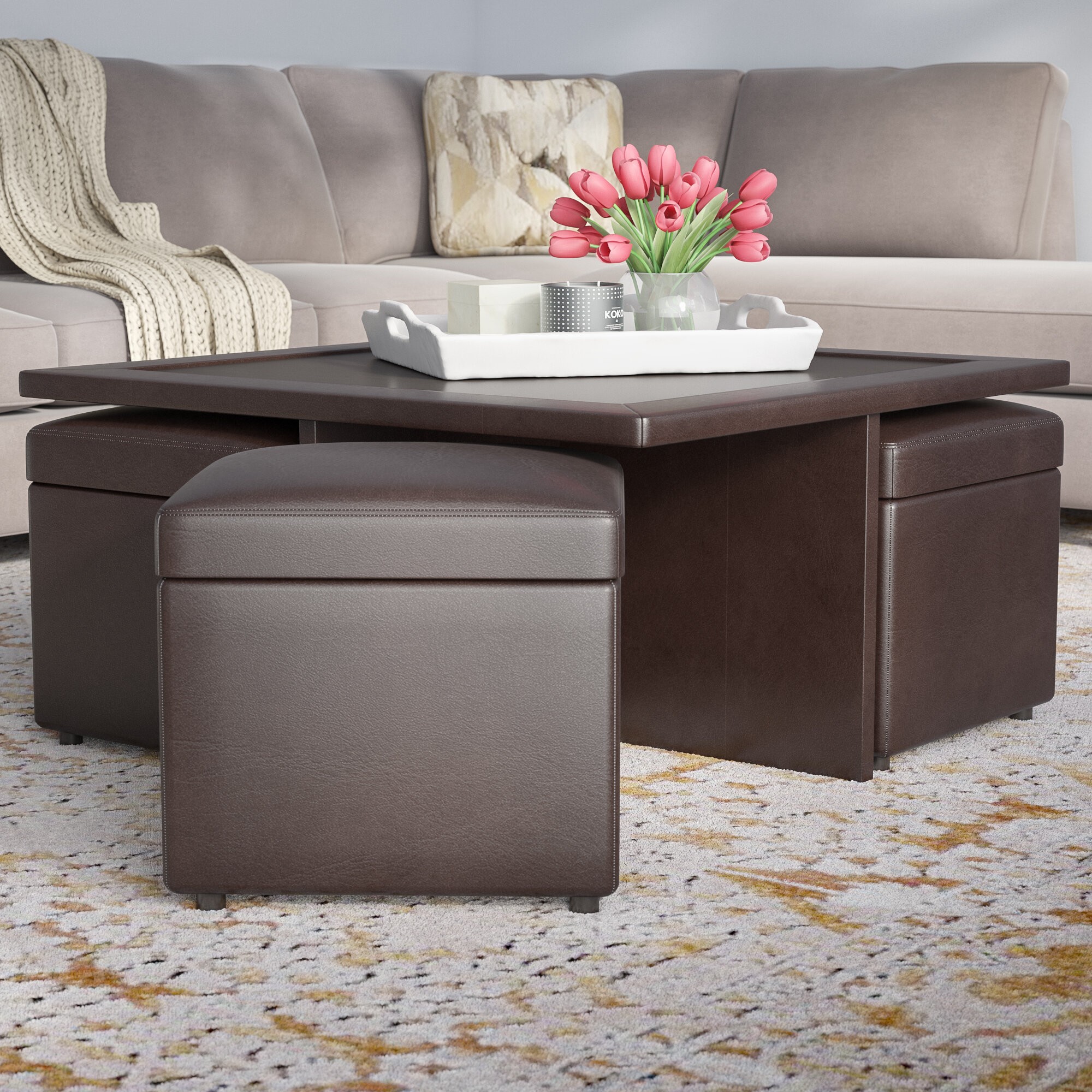 Modern Dark Chocolate Coffee Table With Nested Stools