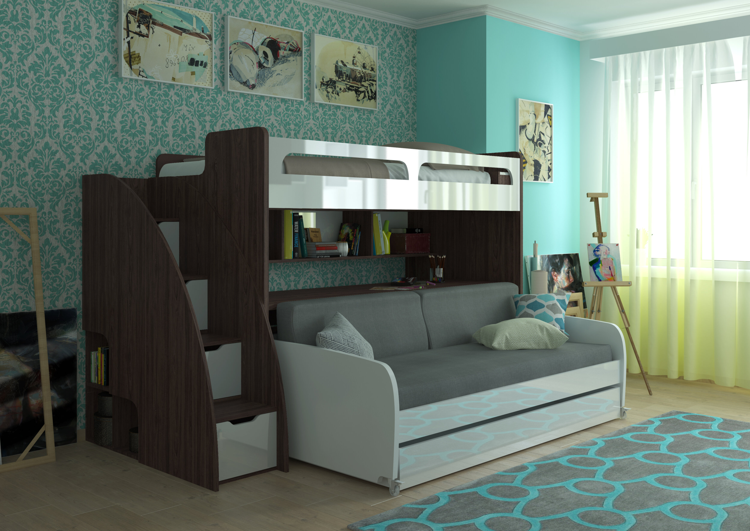 Modern Twin Bunk Bed With a Bookcase And a Futon