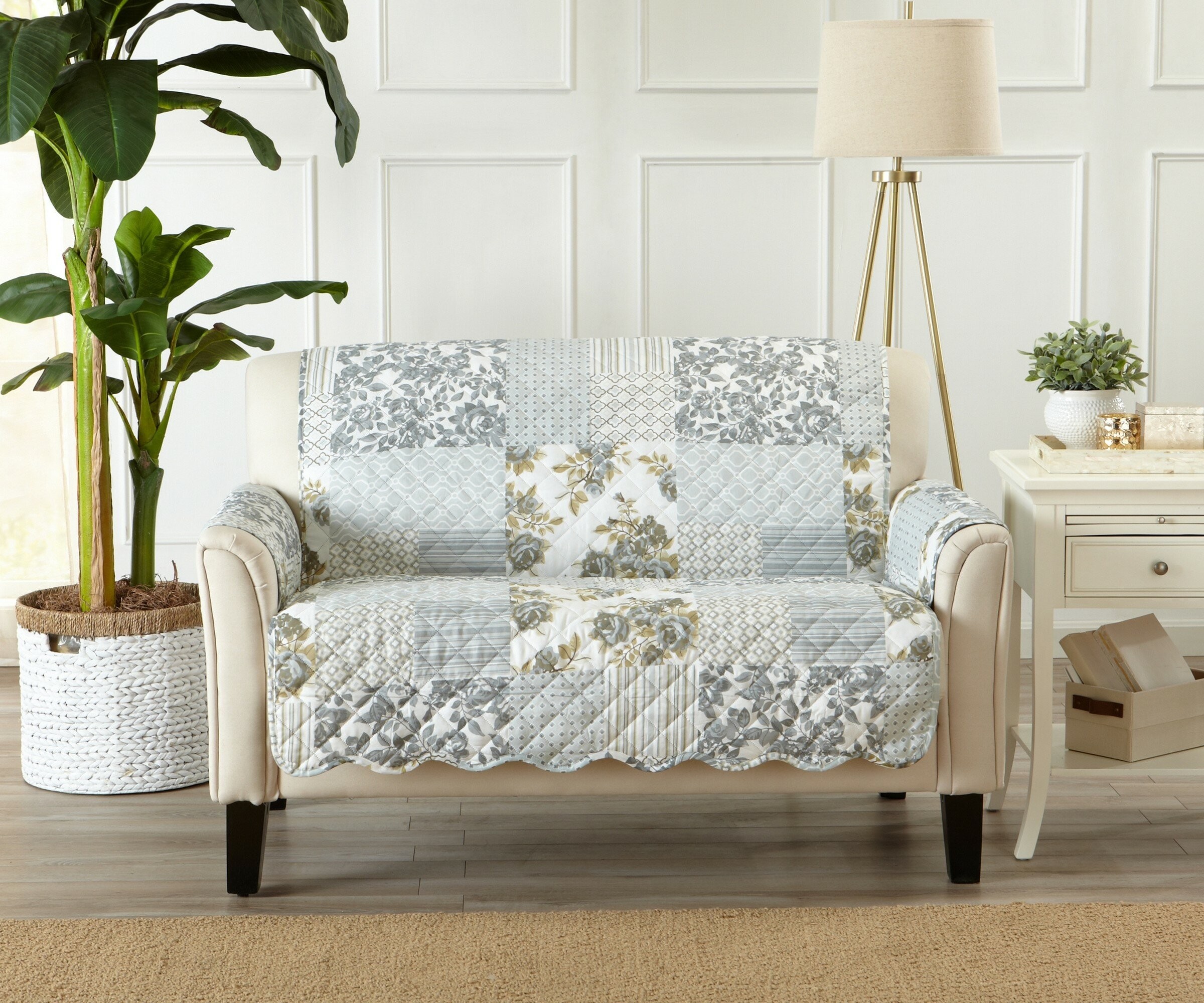 Patchwork Scalloped Printed Box Cushion Loveseat Slipcover