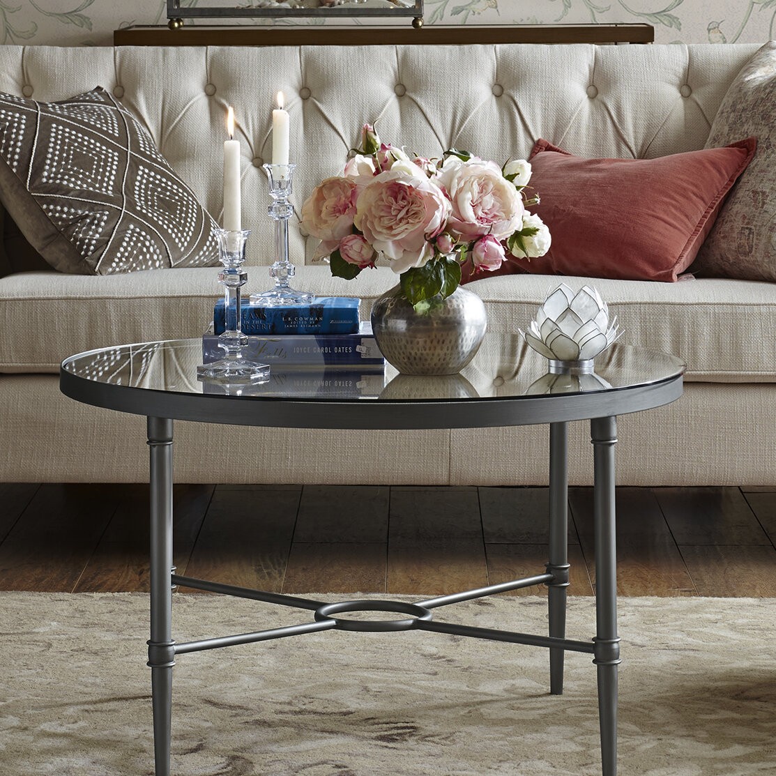 Round Silver Glass and Metal Coffee Table