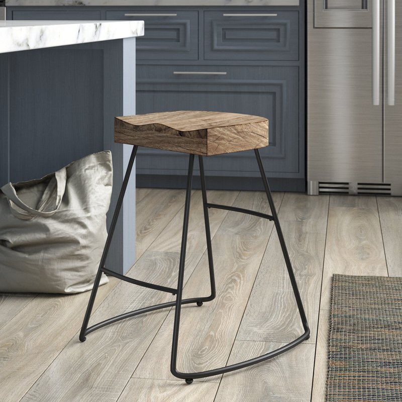 Rustic Black Saddle Natural Wood Metal Backless Bar Stool