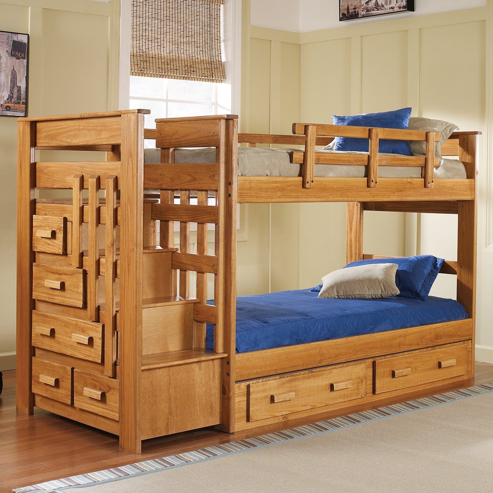 Rustic Solid Wood Twin Over Twin Bunk Bed With Storage