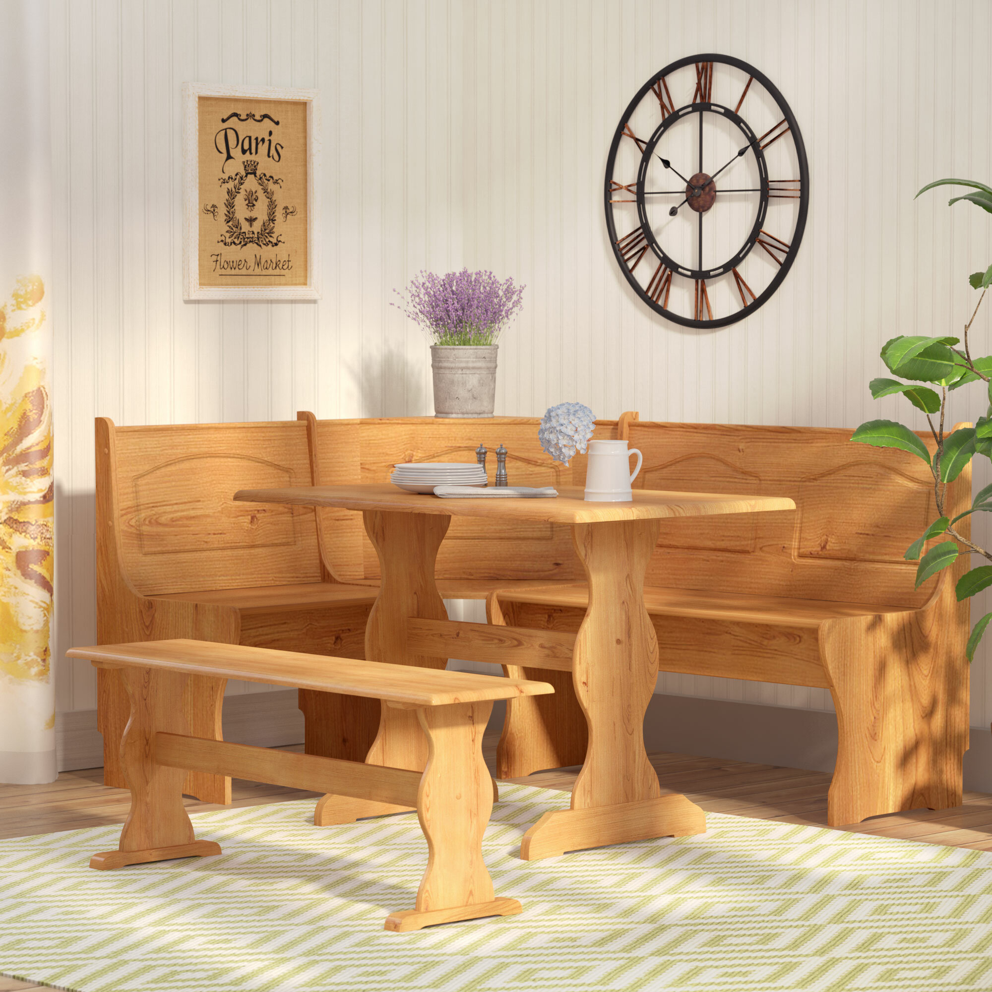 Solid Wood Three Piece Classic Nook Dining Set