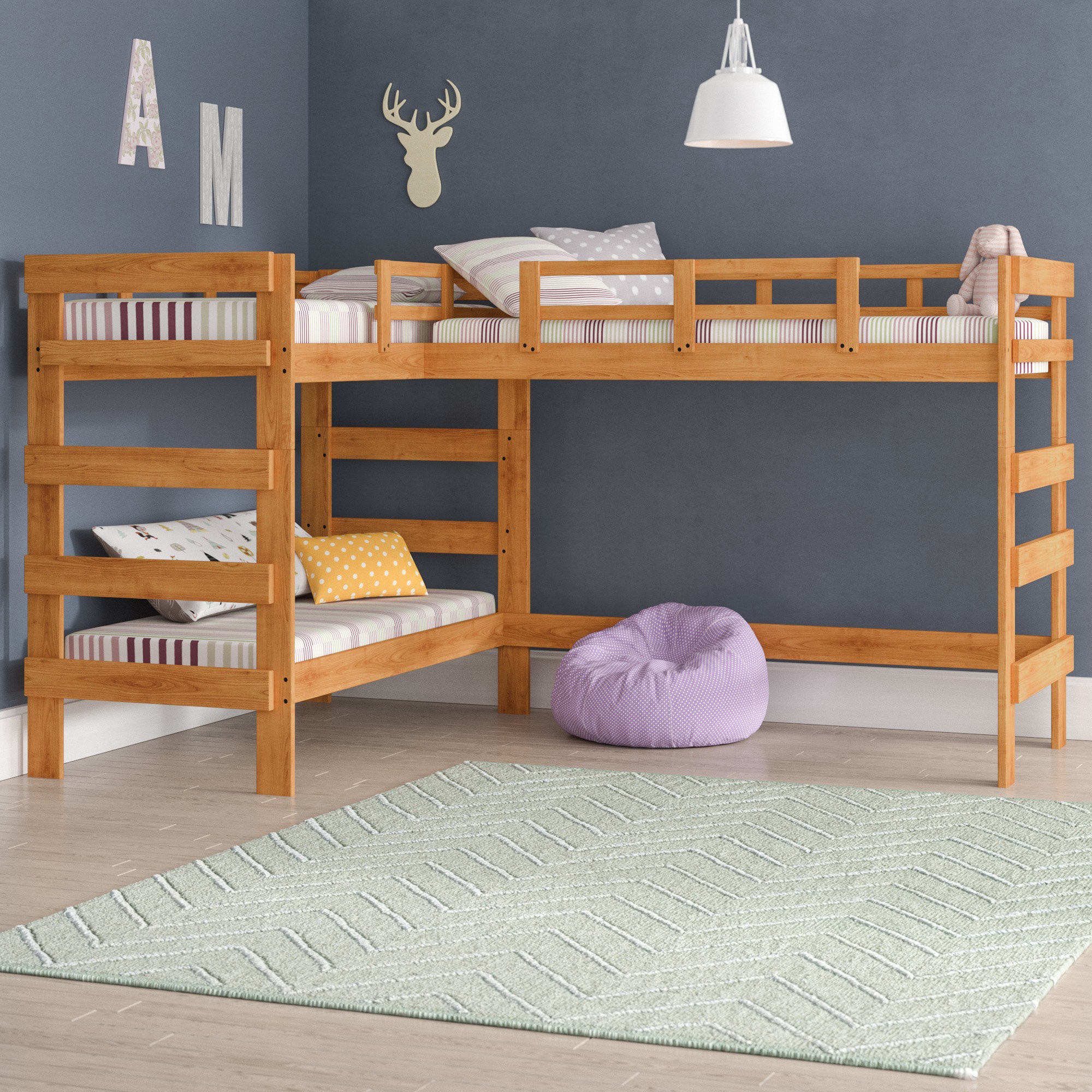 Solid Wood Twin L-Shaped Triple Bunk Bed