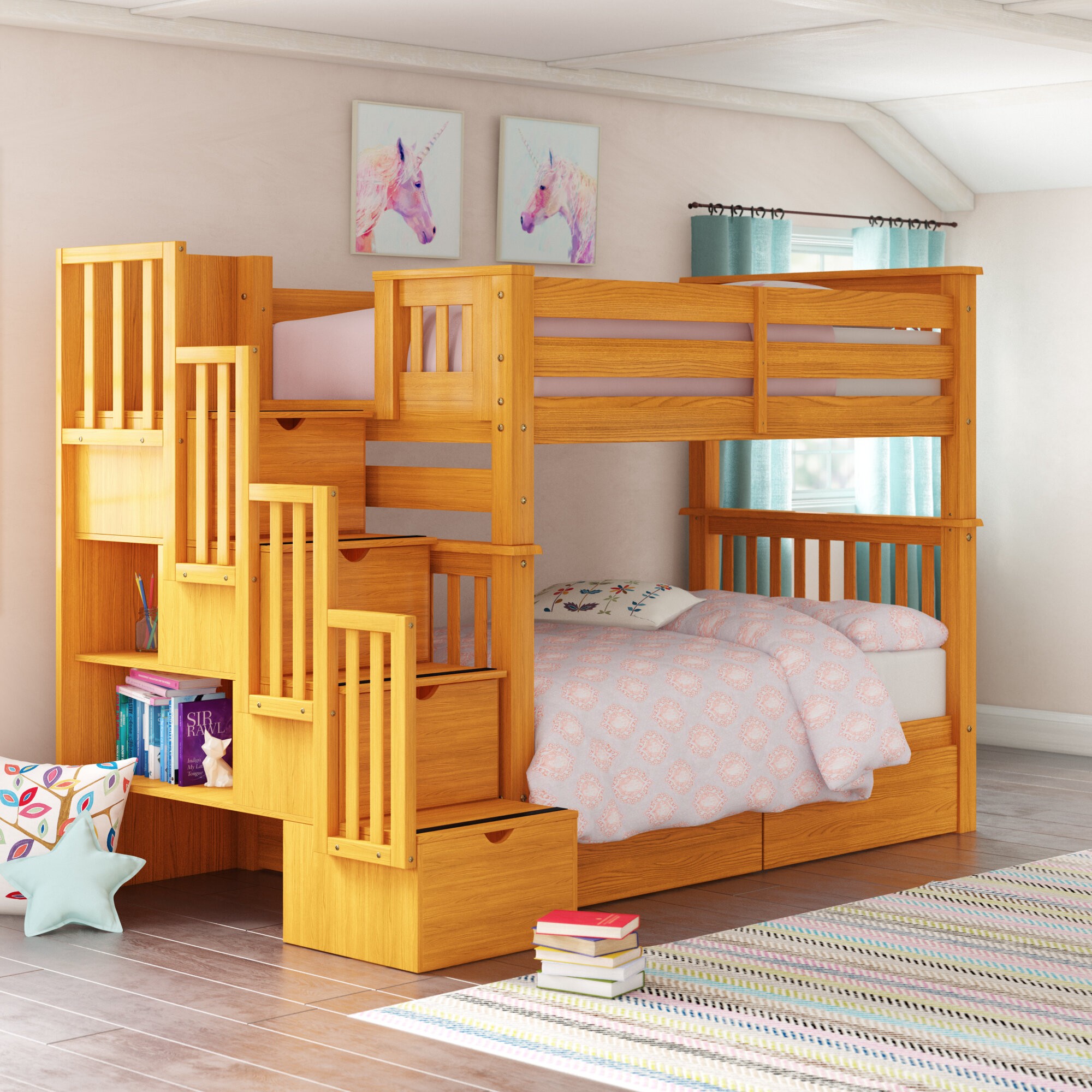 Tena Tall Stairway Twin Over Twin Bunk Bed with Drawers And Shelves