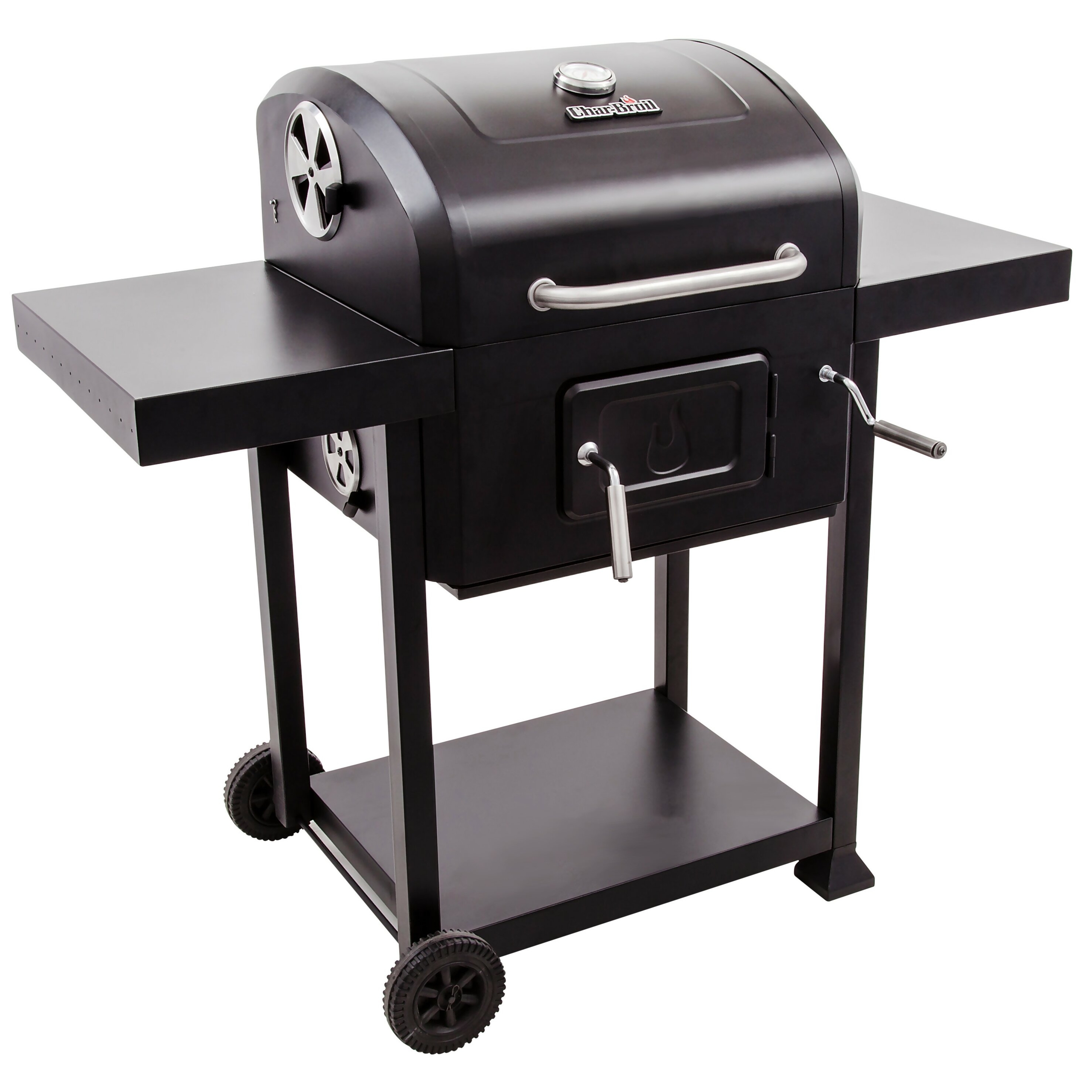 Traditional Black Steel Charcoal Grill with Side Shelves