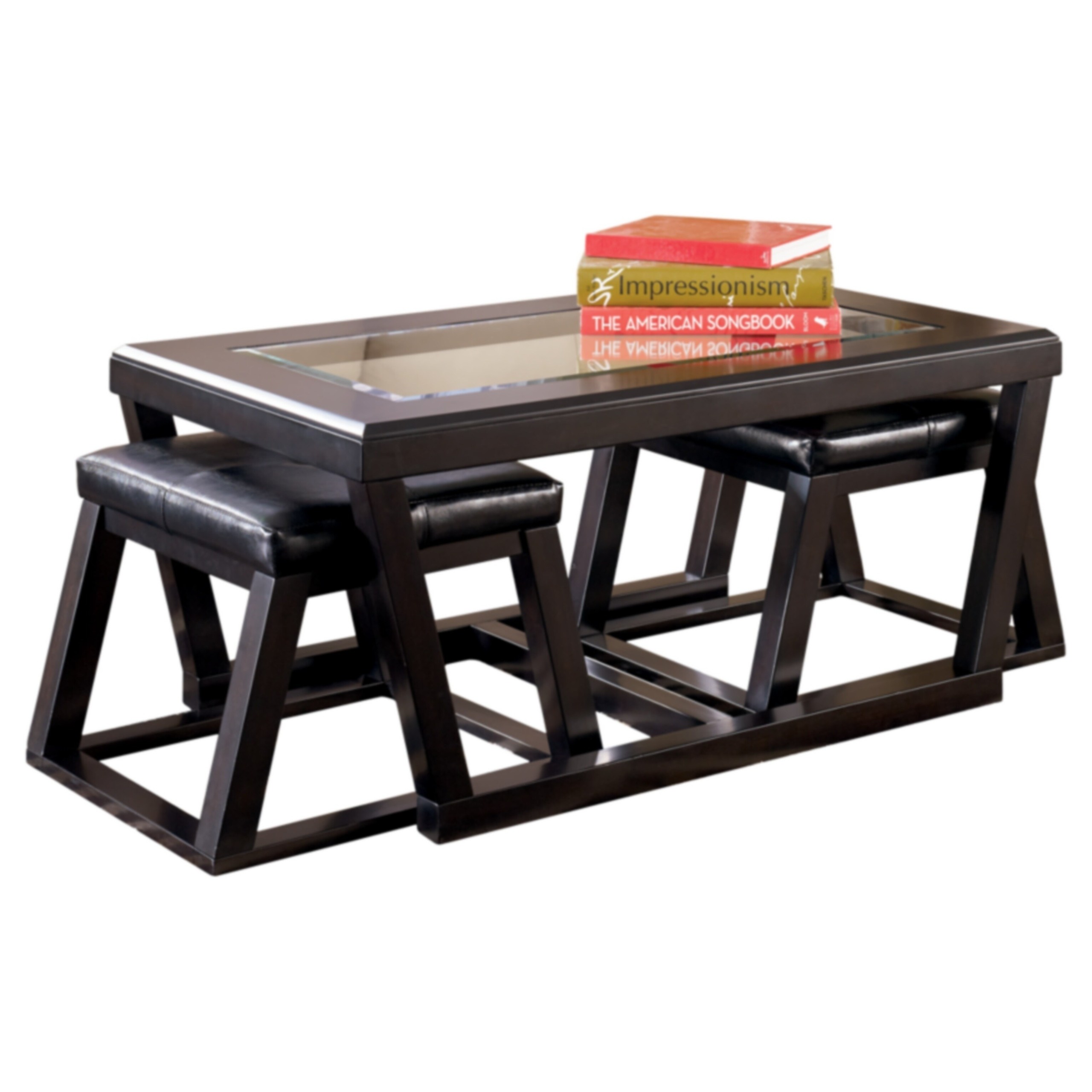 Trapezoid Glass Coffee Table With Two Stools