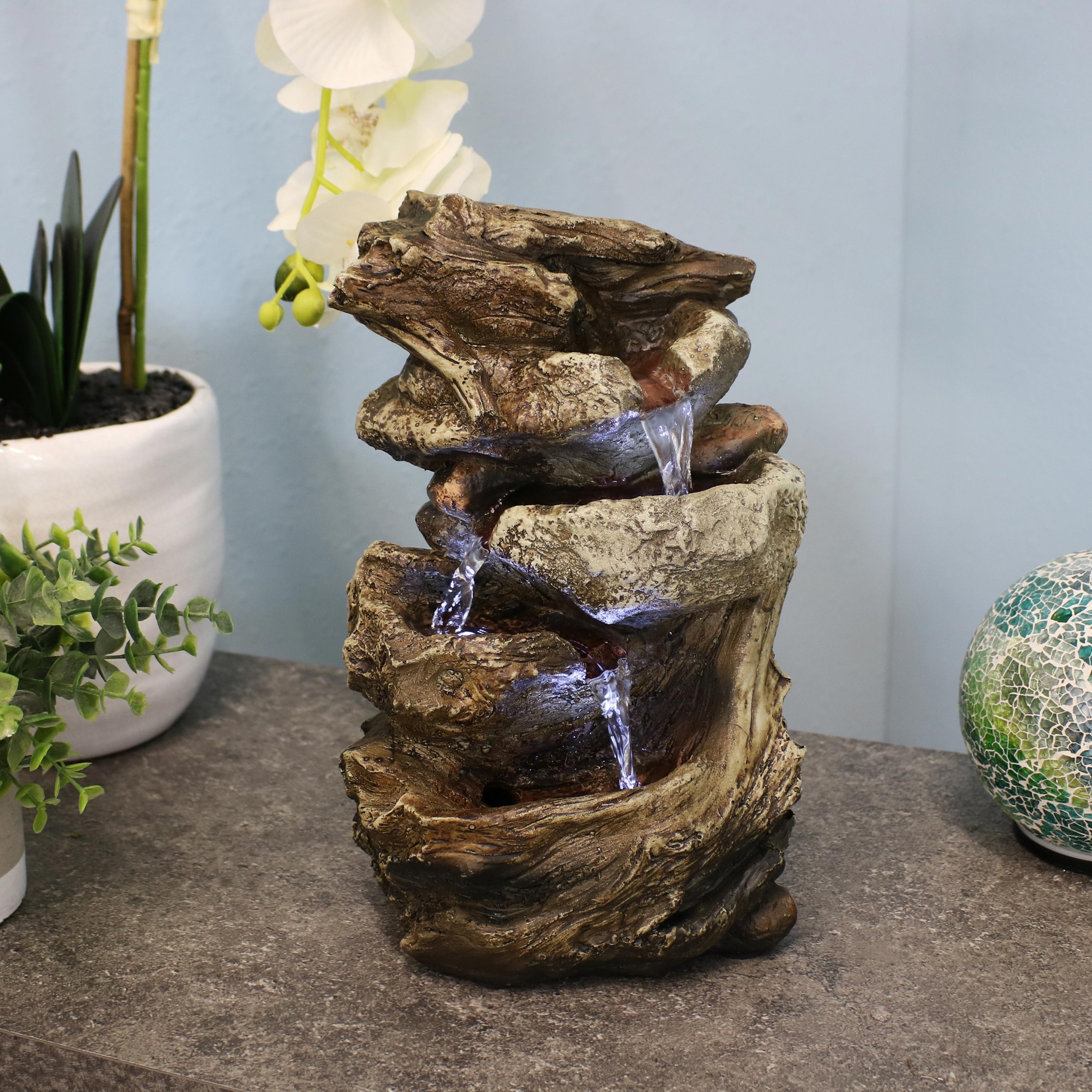 Triston Fiberglass/Resin Tiered Rock and Log Tabletop Fountain with Light