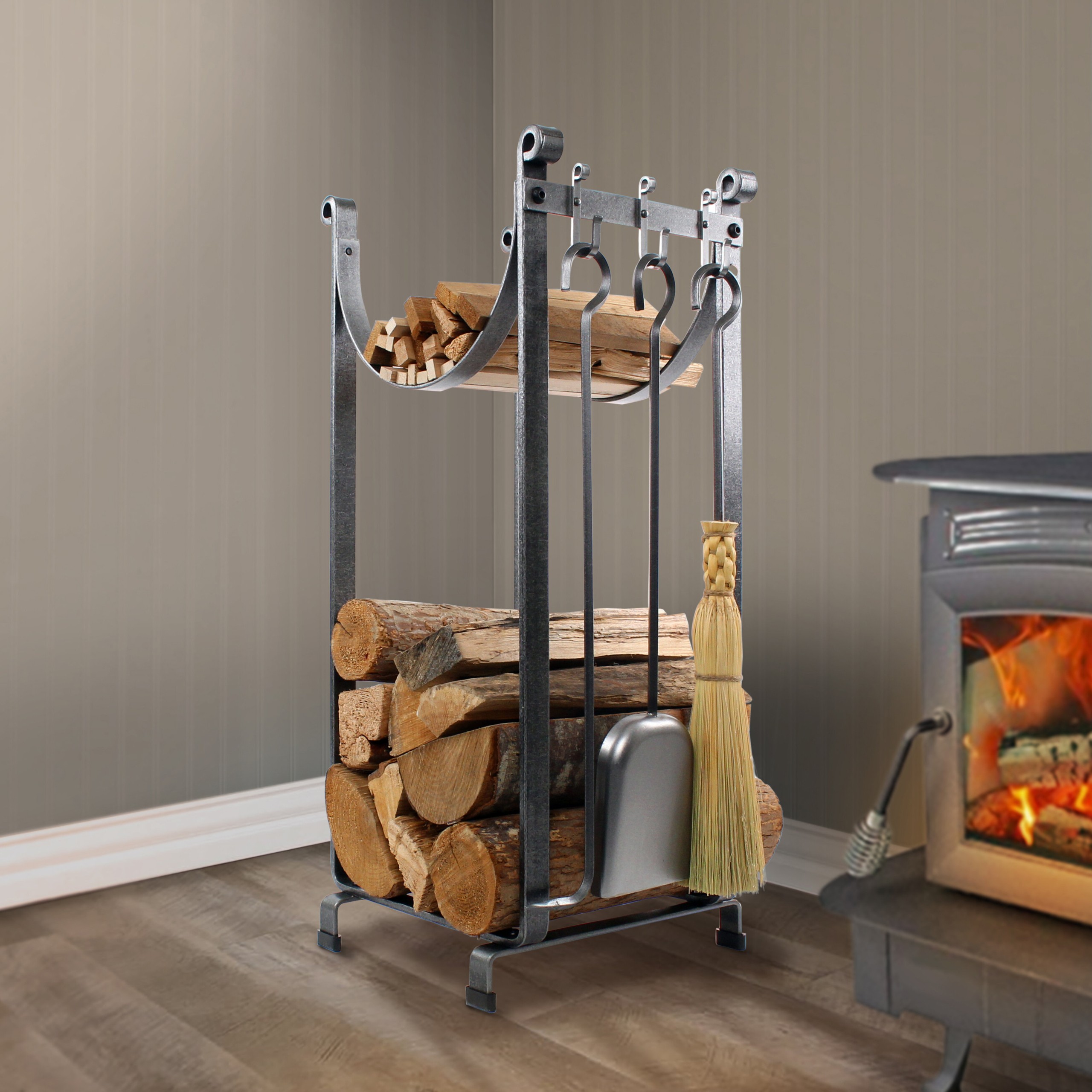 3 Piece Steel Fireplace Tool Set with Log Rack