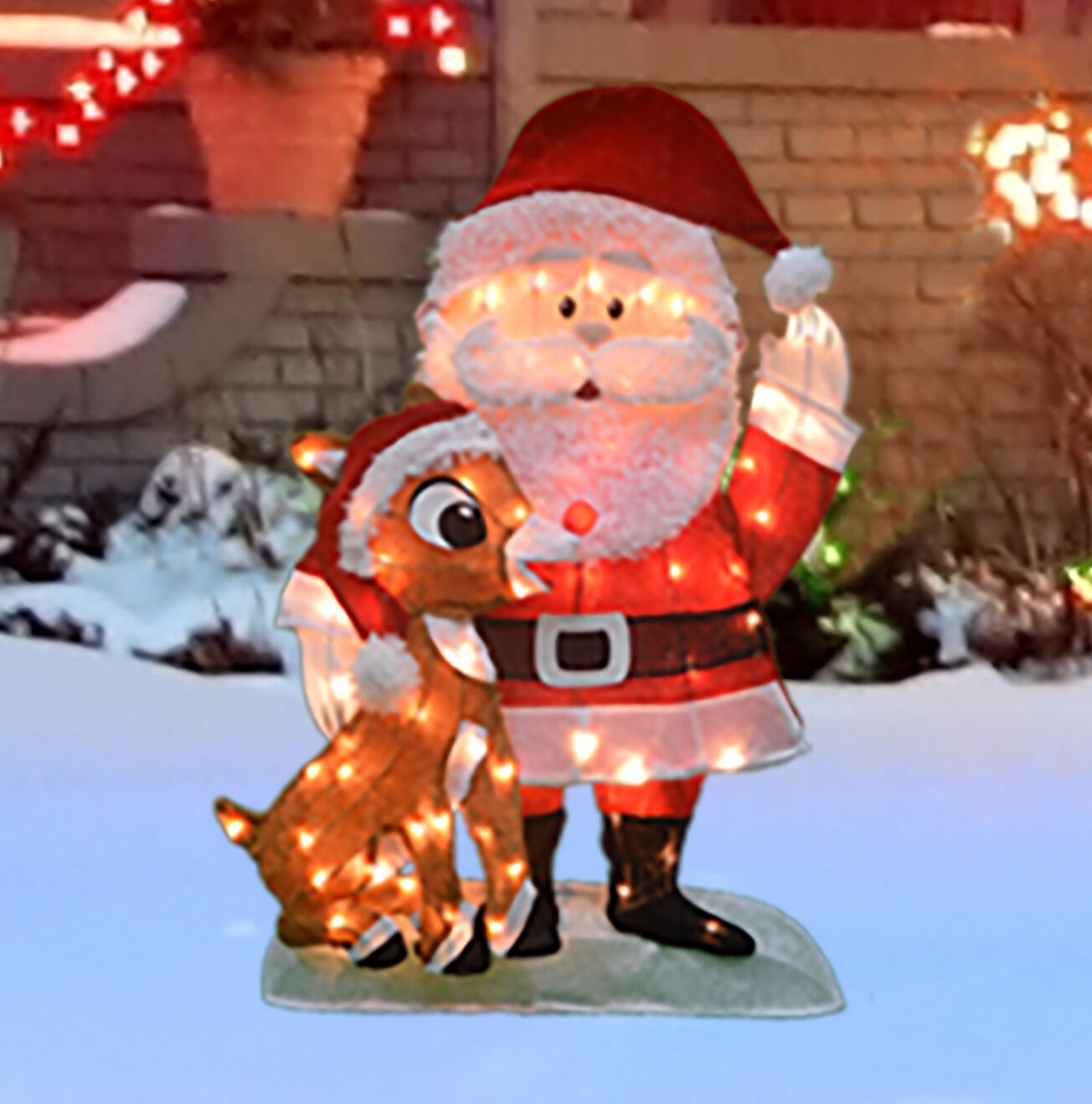 32" Lighted Waving Santa and Rudolph Christmas Lighted Display