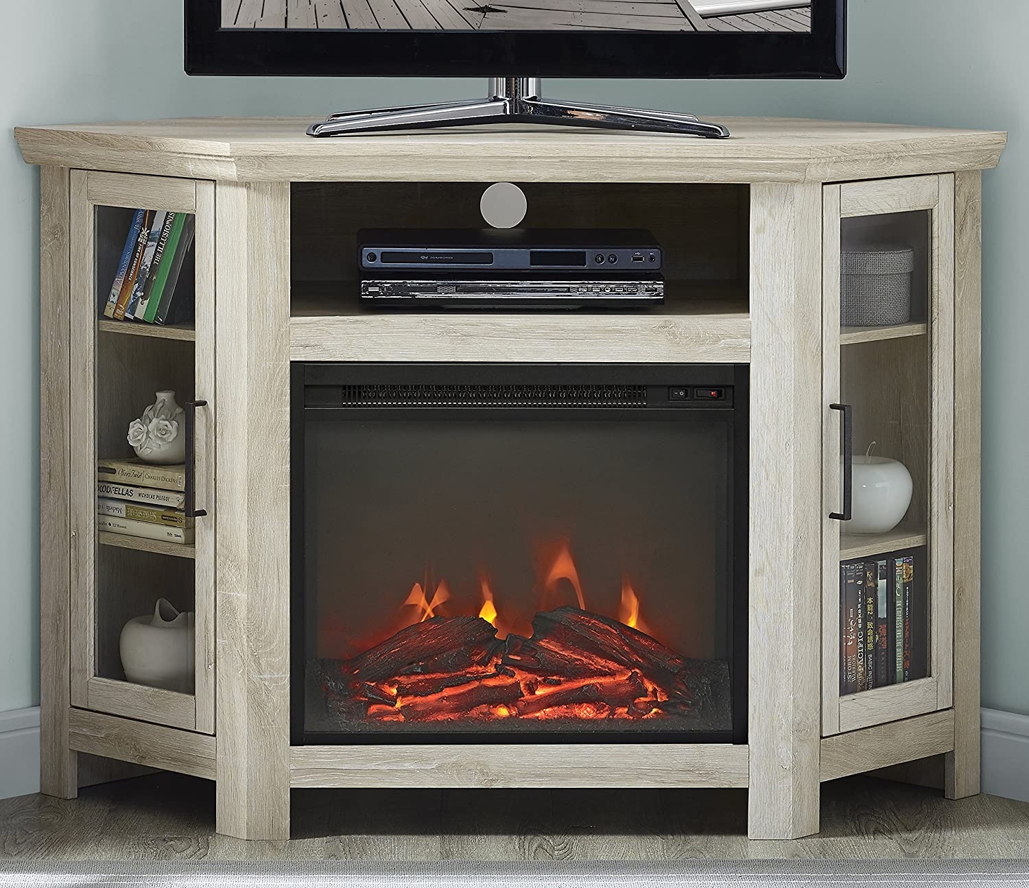 48 corner tv stand white oak farmhouse electric fireplace