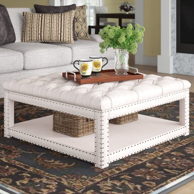 Beige Polyester Blend Manufactured Wood Shelves Square Tufted Cocktail Ottoman