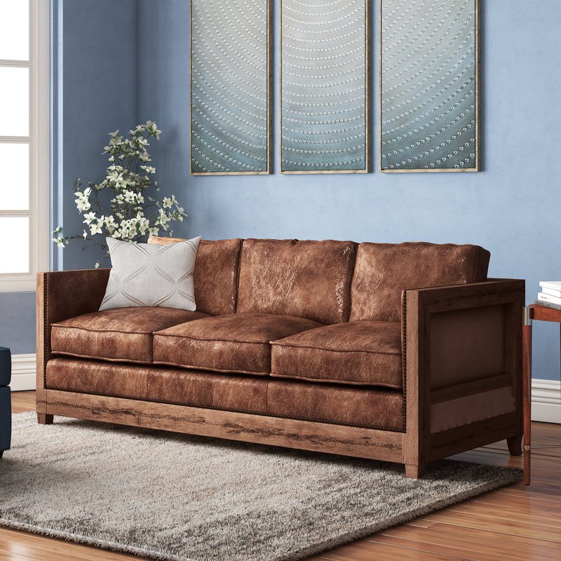 Brown Genuine Leather Solid Wood Wild West Square Arm Sofa