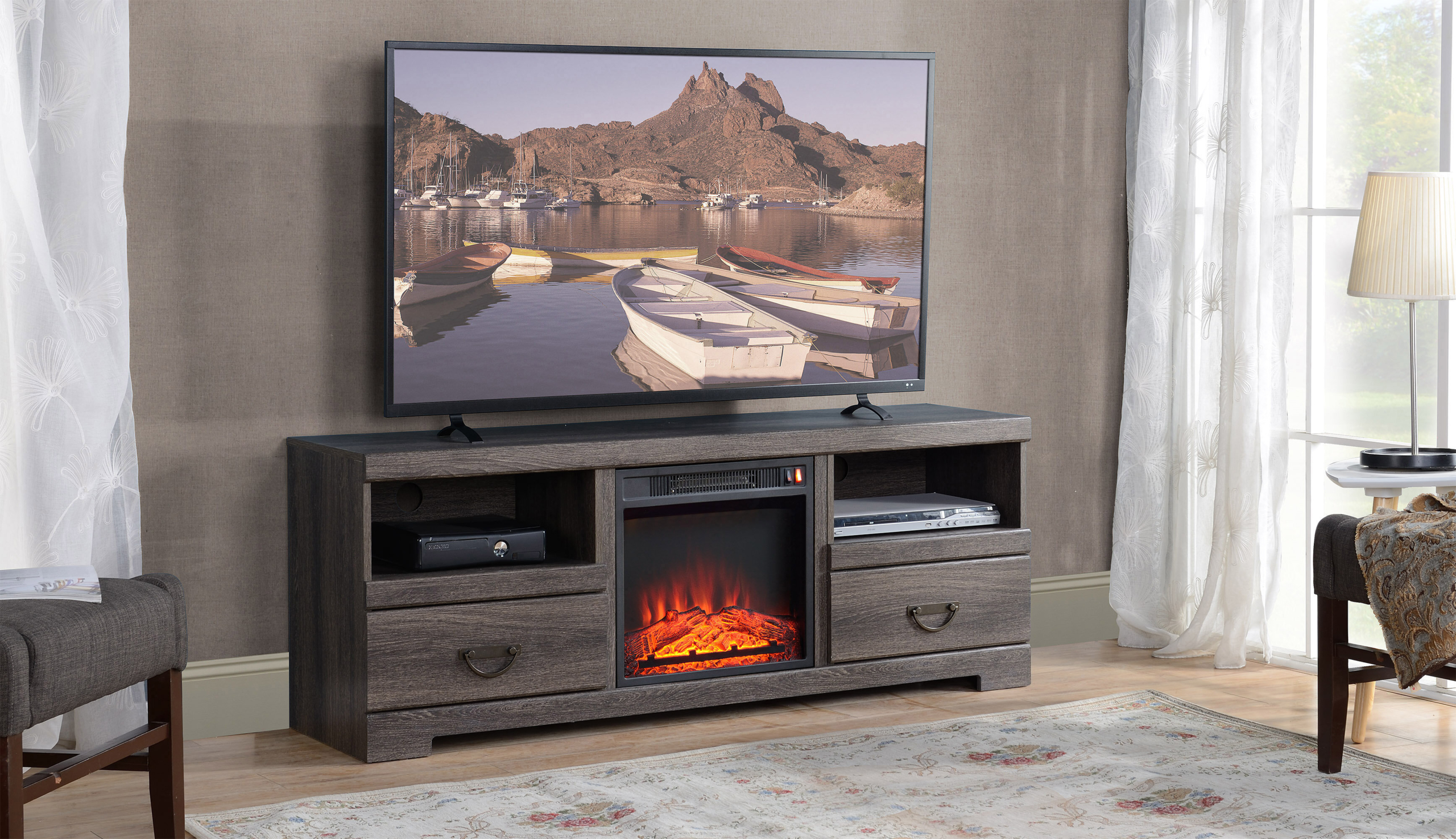 Caress TV Stand for TVs up to 65" with Electric Fireplace Included