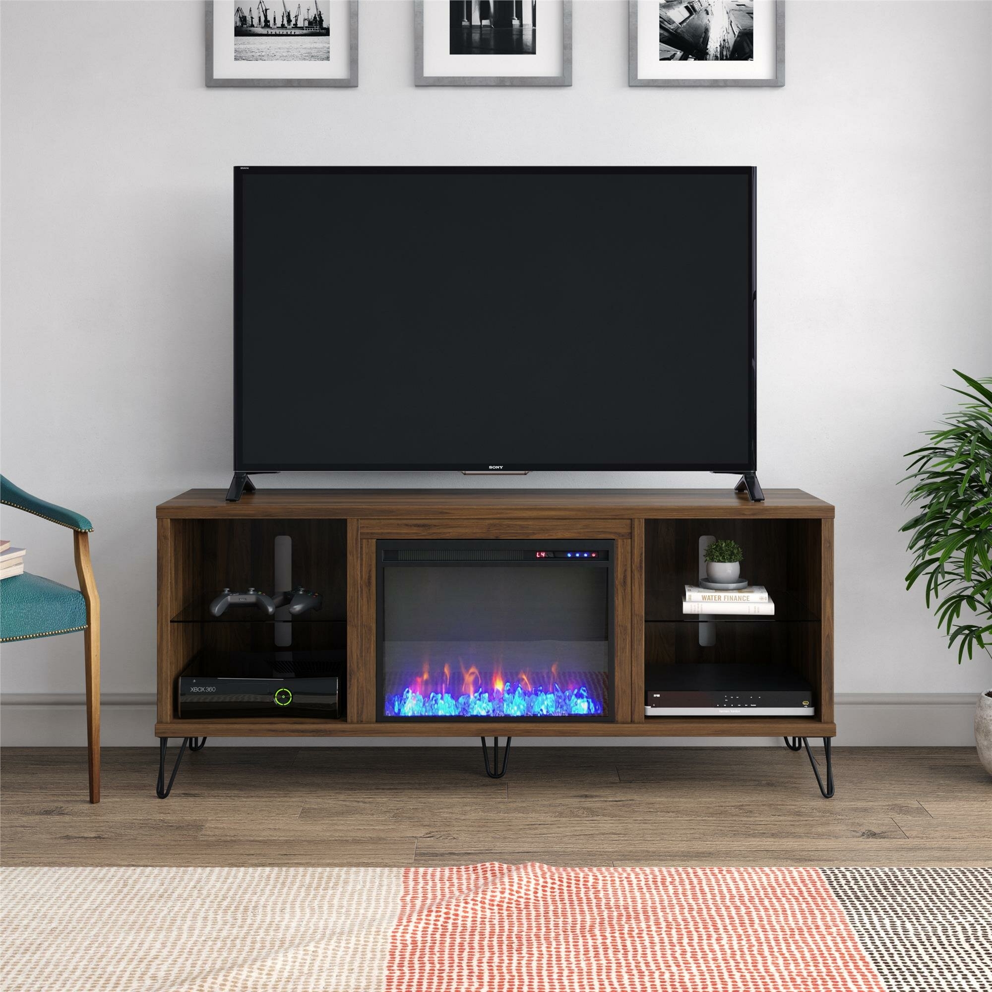 Concord TV Stand for TVs up to 85&#34; with Electric Fireplace Included