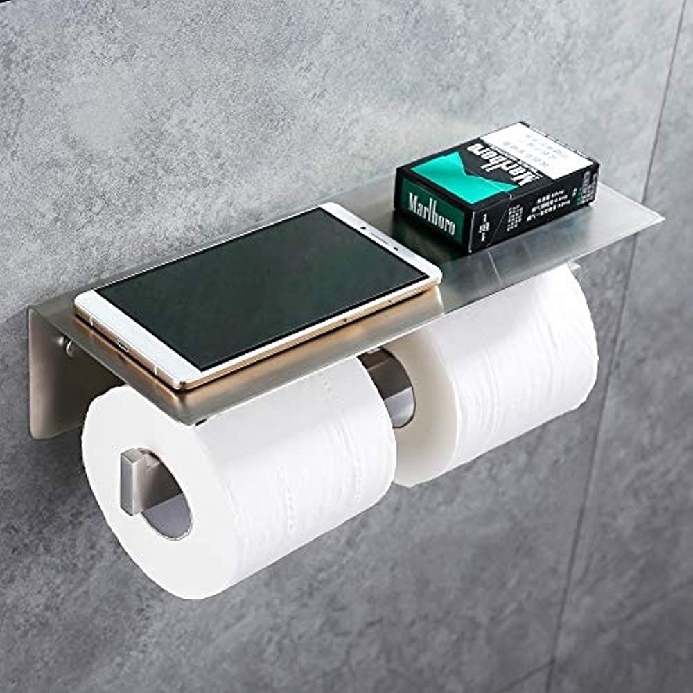 Double Roll Stainless Steel Wall Mount Toilet Paper Holder with Phone Shelf