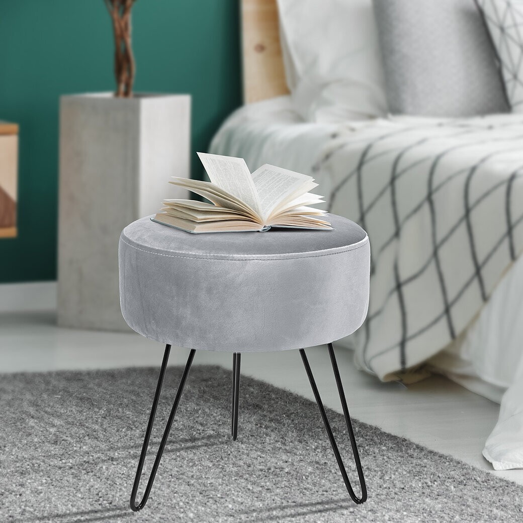 Gray Black Metal Round Standard Velvet Ottoman