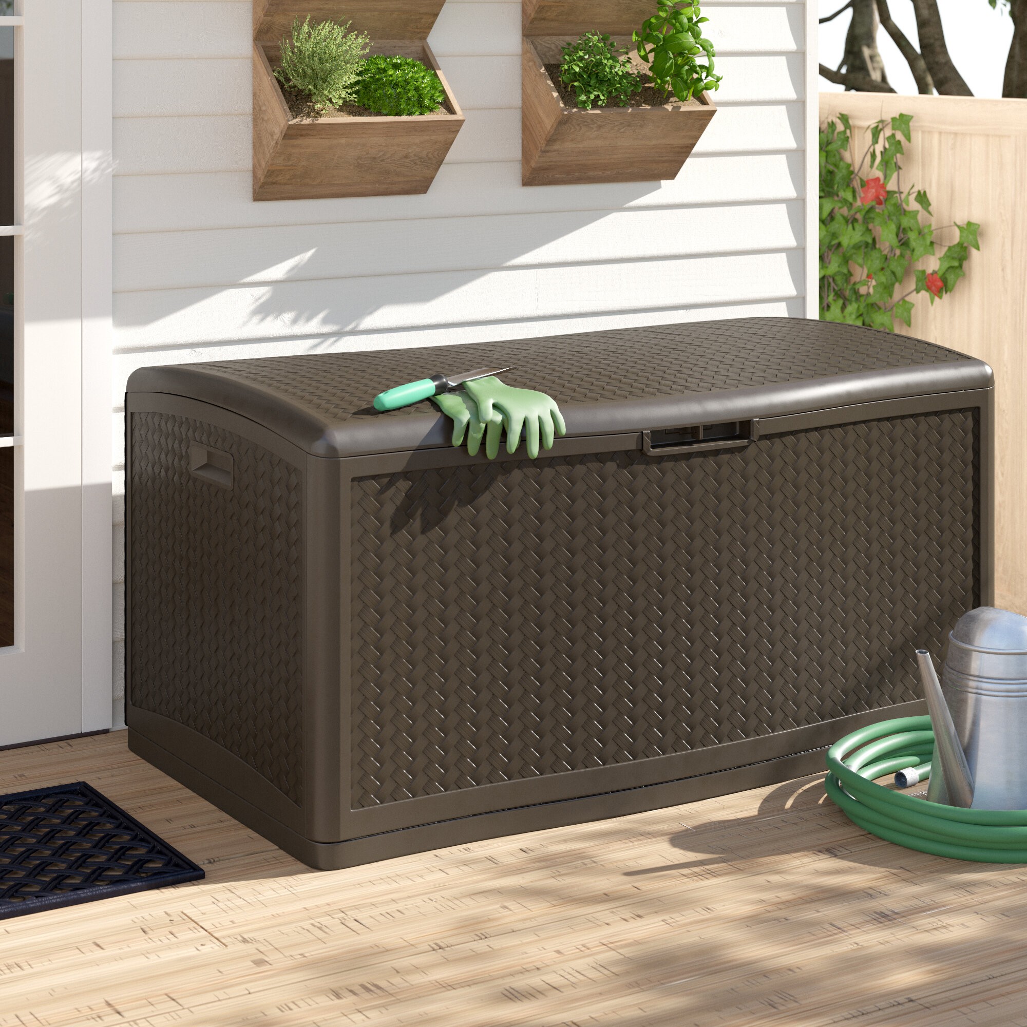 Sundale Outdoor Storage Box, 60 Gallon Patio Deck Boxes with Hinged Lid,  Outdoor Wicker Cushion Storage Container Bin Chest for Cover, Pillow, Towel  