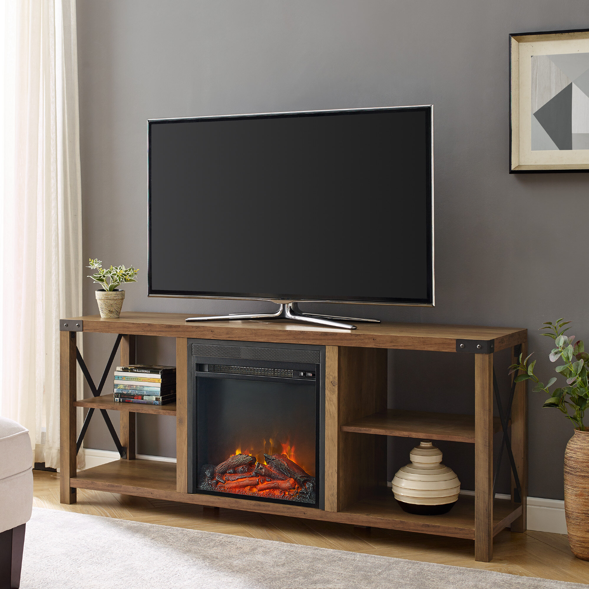 Kass TV Stand for TVs up to 65" with Electric Fireplace Included