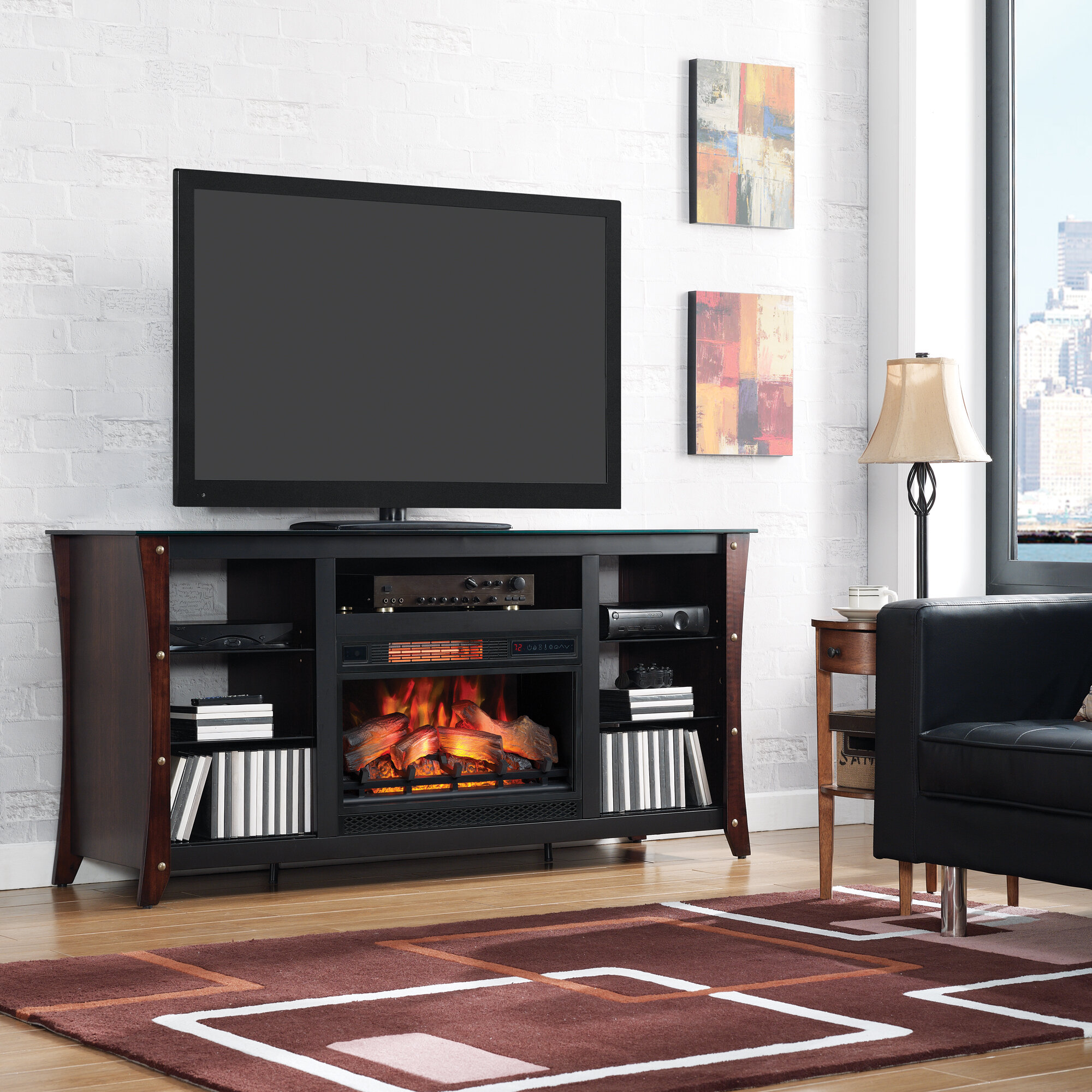 Landes TV Stand for TVs up to 75&#34; with Electric Fireplace Included