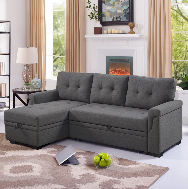 Linen Blend Solid Manufactured Wood Reversible Sectional
